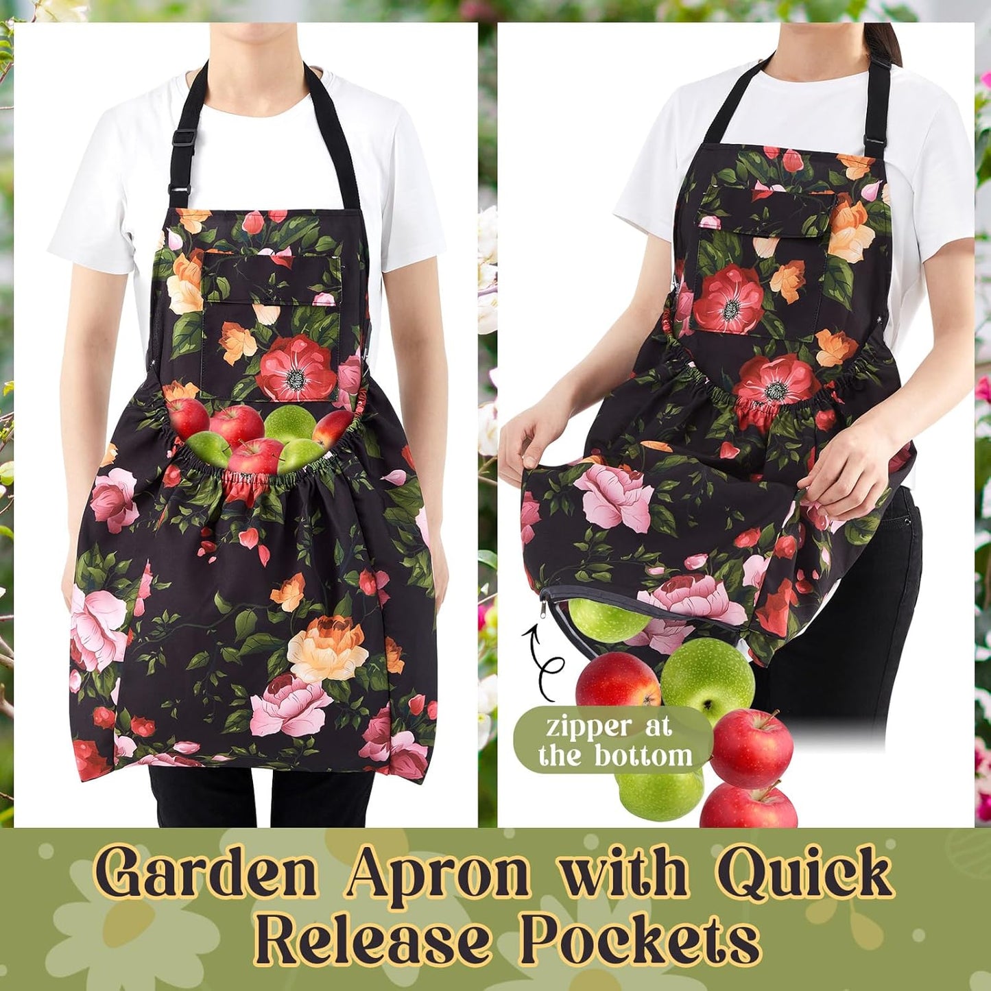 Gardening Apron with Release Pockets, Mother's Day Gifts for Women, Floral Apron for Harvesting Picking Weeding Laundry Work Artist Gardeners Gardening Lovers