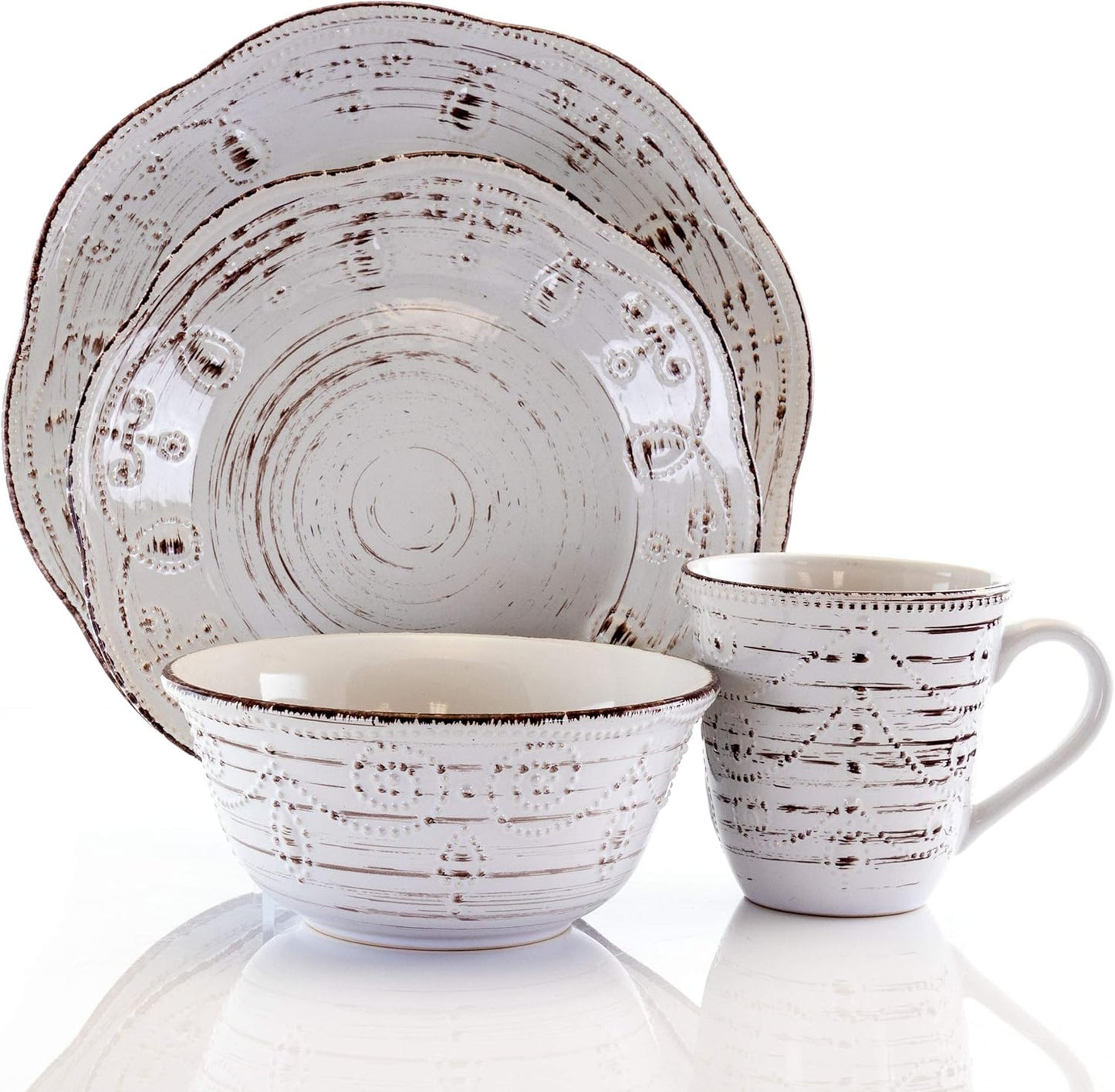 Elama Rustic Birch 16 Piece Embossed Scalloped Stoneware Round Dinnerware Set in White with Brown Accents