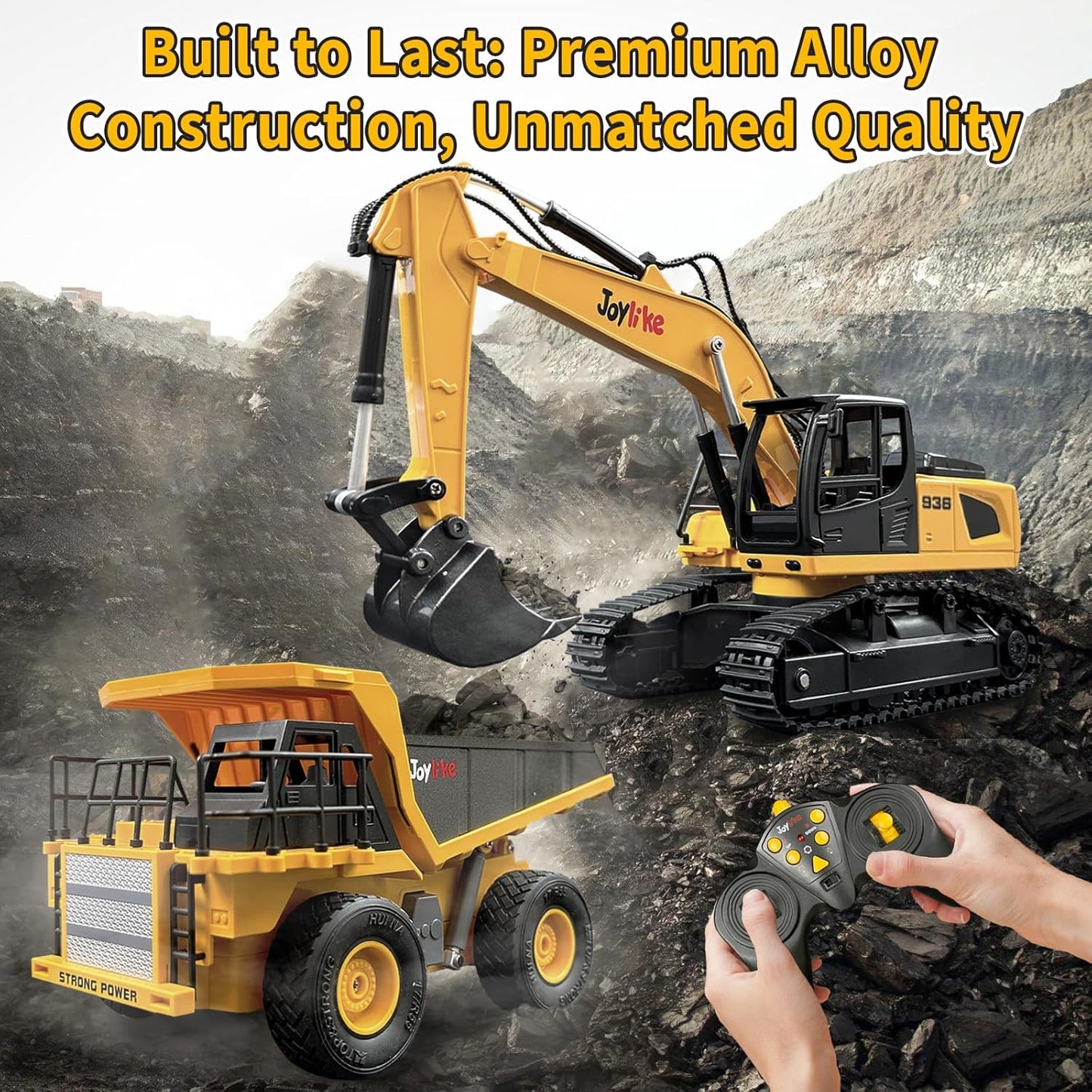RC Excavator and Dump Truck Toy Set，2.4Ghz Metal Remote Control Construction Vehicle with Light&Sound, Best Christmas Toy for Boys 8+Year Old Kid