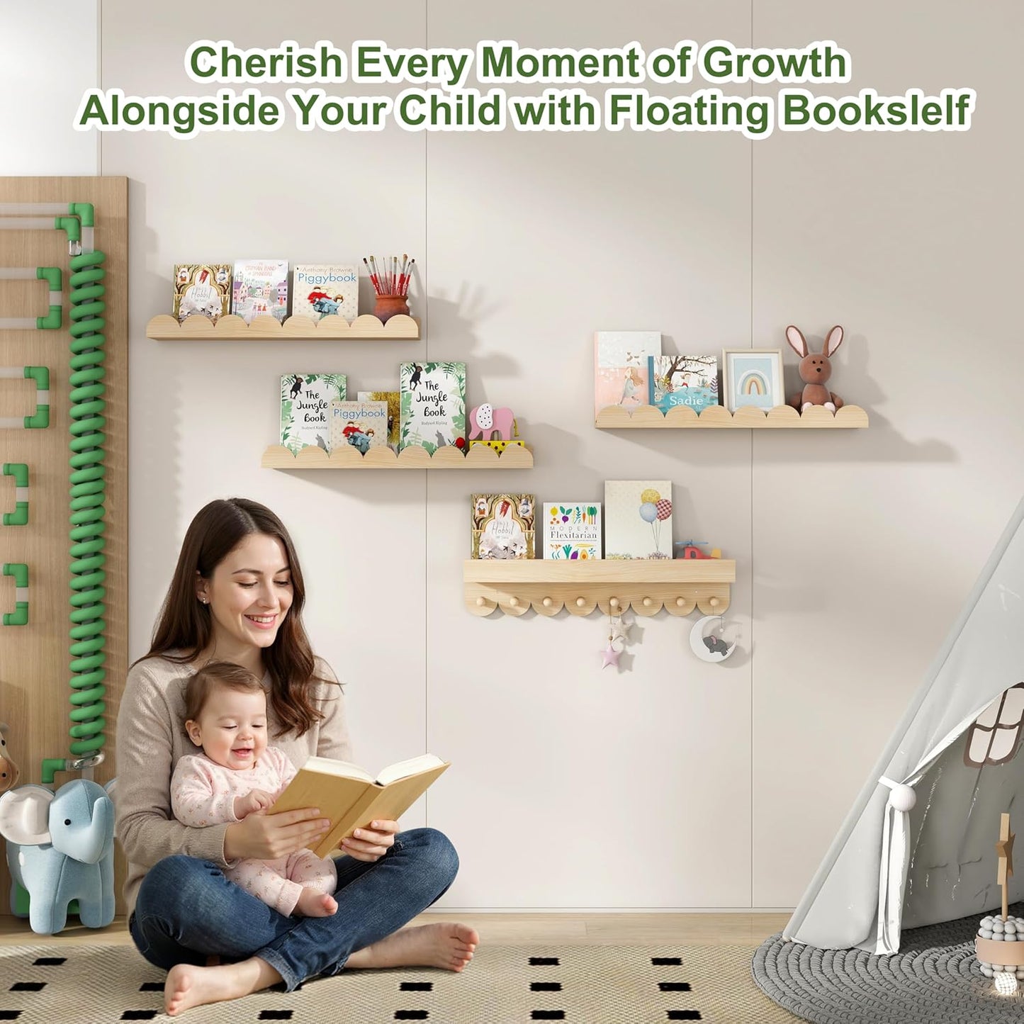 24 Inch Nursery Book Shelves with Hooks, 4-Pack Floating Shelves for Wall, Scalloped Shelves, Wall Book Shelves for Kids Room, Toddler Room, Baby Room, Nursery Decor