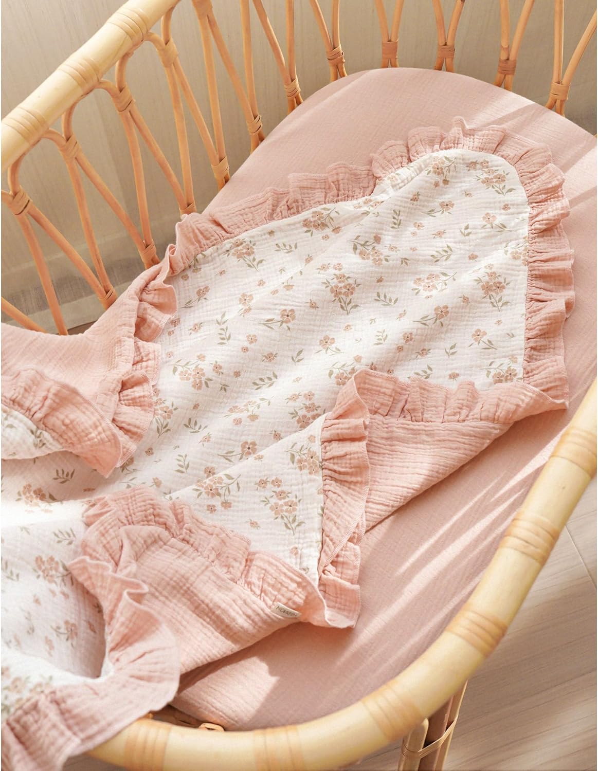 Konssy Flounce Muslin Baby Blanket for Girls Boys, 100% Cotton Soft Crib Swaddle Blankets, Reversible & Breathable Nursery Bedding for Newborns Toddlers, 40 x 36 Inches (Blossom)