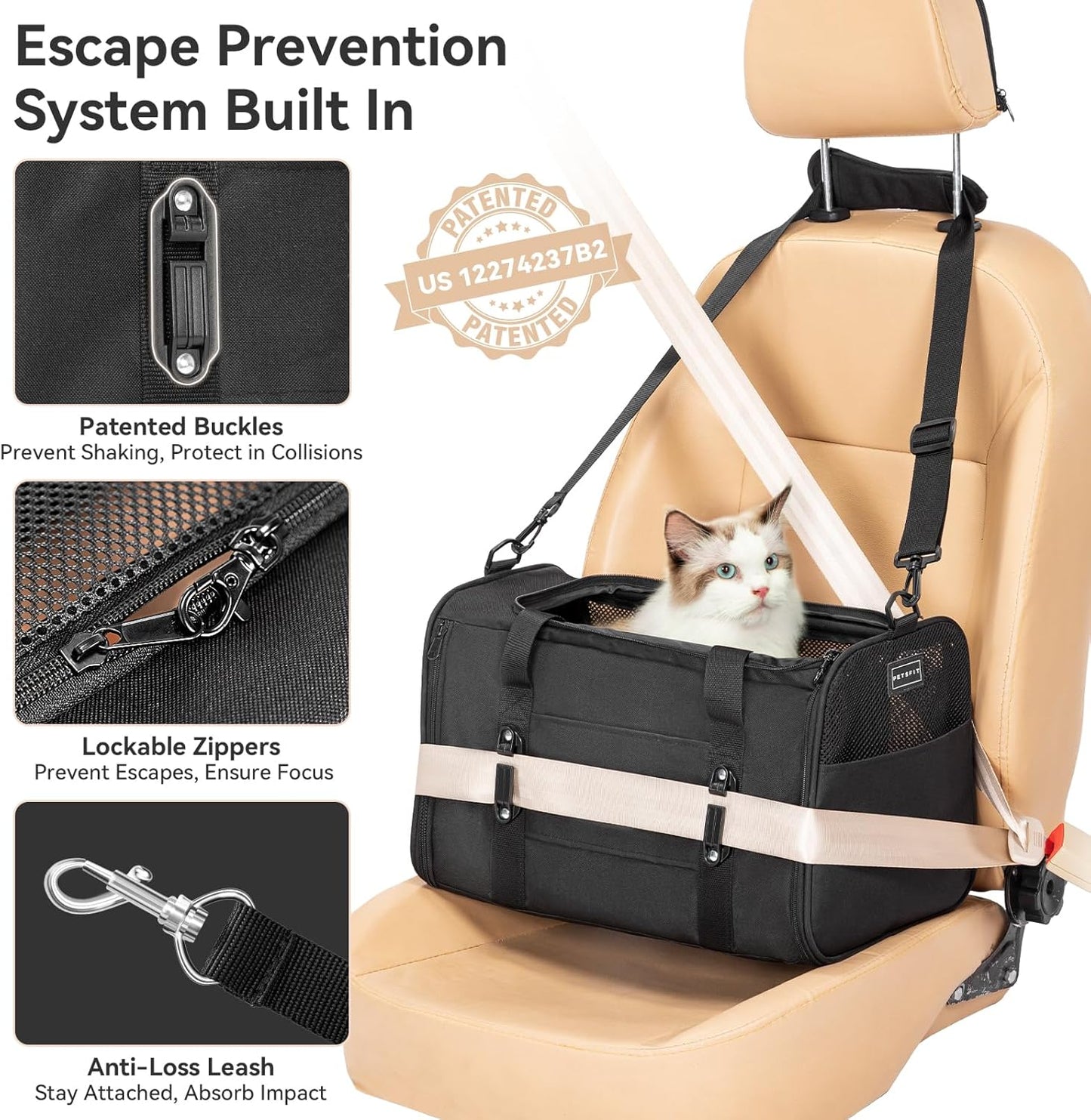 PETSFIT Soft-Sided Cat Carrier with Patented Safety Buckles, Lockable Zippers & Safety Tether,Escape-Resistant Travel Pet Carrier for Car Rides & Vet Visits, Airline Approved Under-Seat, Up to 12 lbs