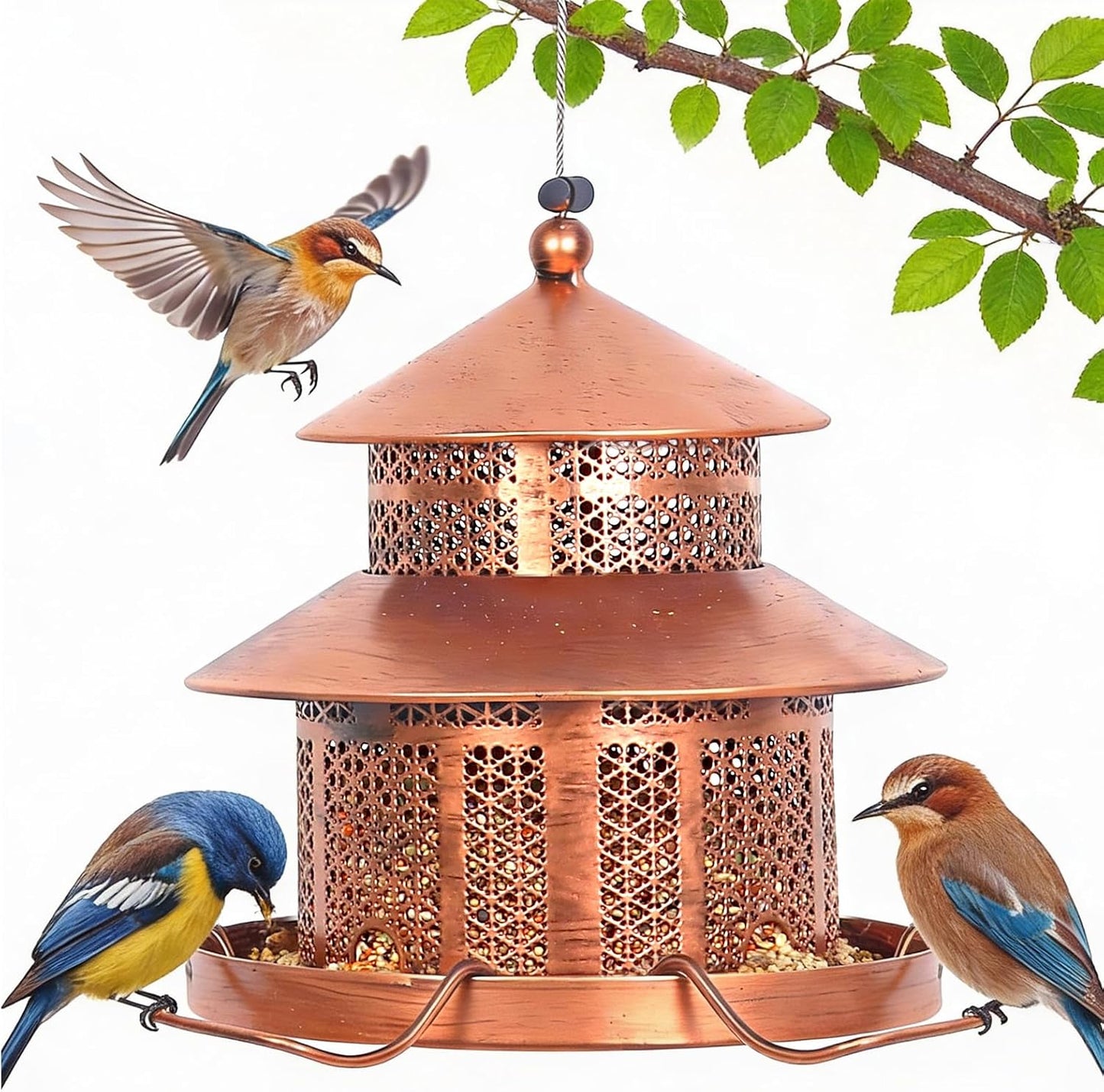 Bird Feeder for Outdoors Hanging, 1.5LB Capacity with 4 Perches, Heavy Duty Metal Wild Bird Feeders for Garden, Yard, Balcony,Easy to Clean and Refill,Vintage Copper