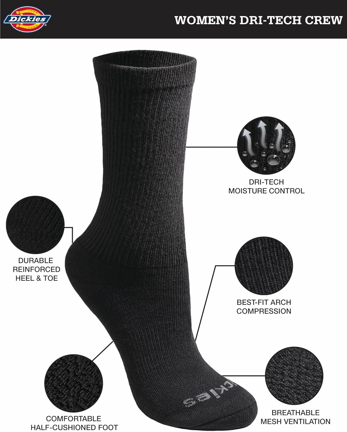 Dickies Women's Dri-Tech Essential Moisture Control Crew Socks, Available in S-XL (6, 12 Pairs)