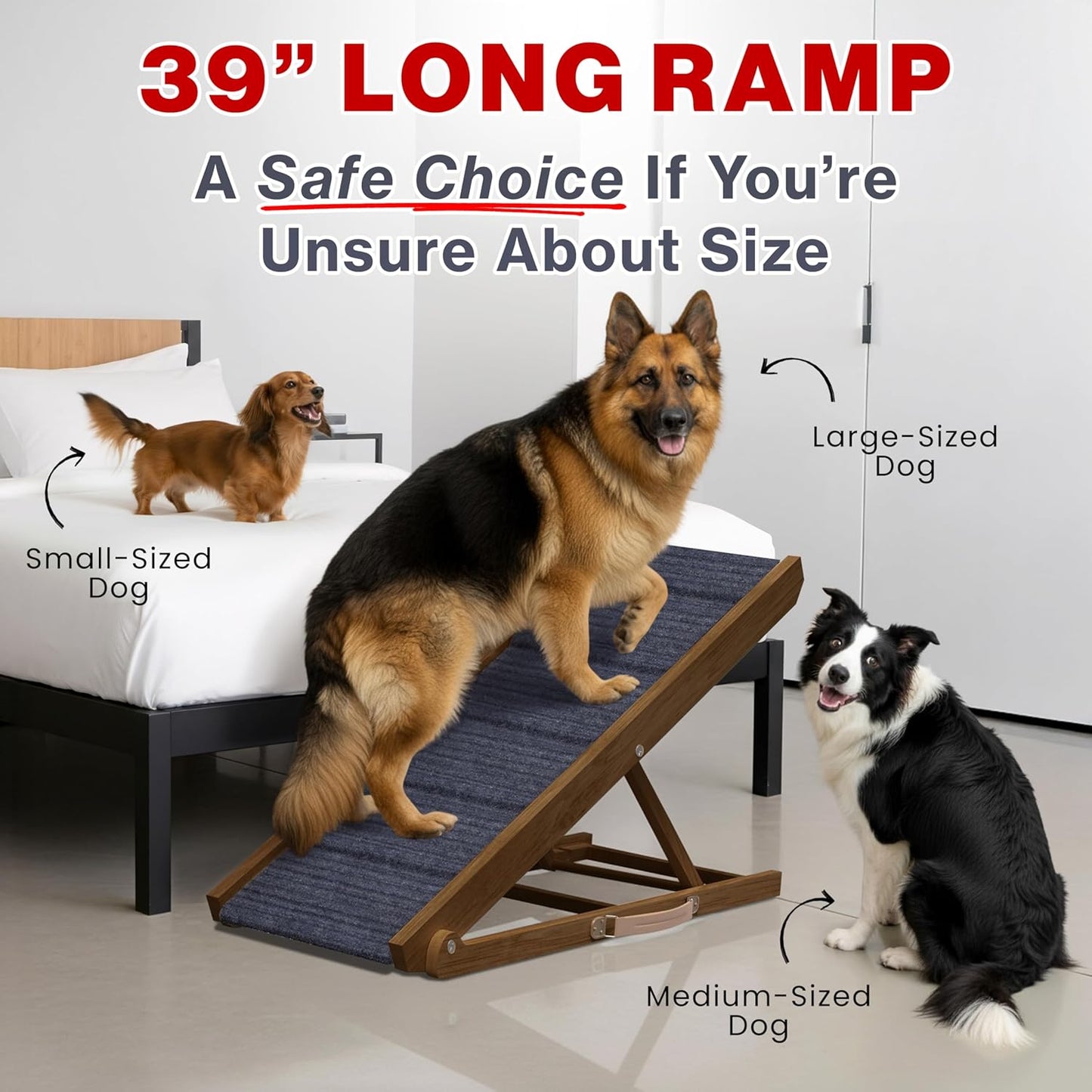 Adjustable Dog Ramp for Bed - 39" Long Foldable Wooden Ramp for Dogs to Get on Bed, Couch, or Car with 13.4" Wide Walking Space (Walnut Wood with Gray Carpet, Medium)