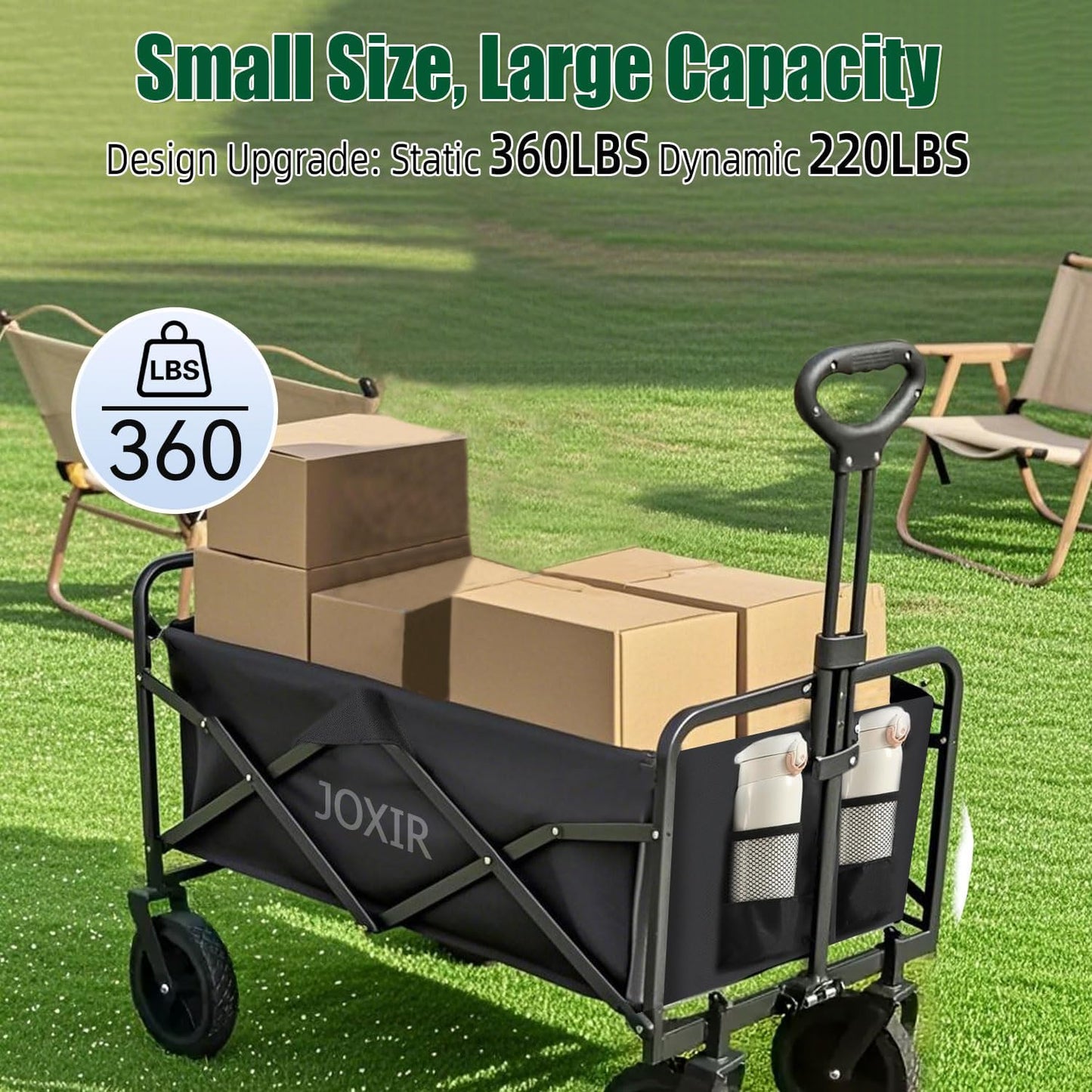 Collapsible Wagon Cart Foldable 120L 360lbs Capacity, Lightweight Portable Beach Wagon, Shopping Carts with Wheels for Grocery, Camping, Shopping, Garden Cart