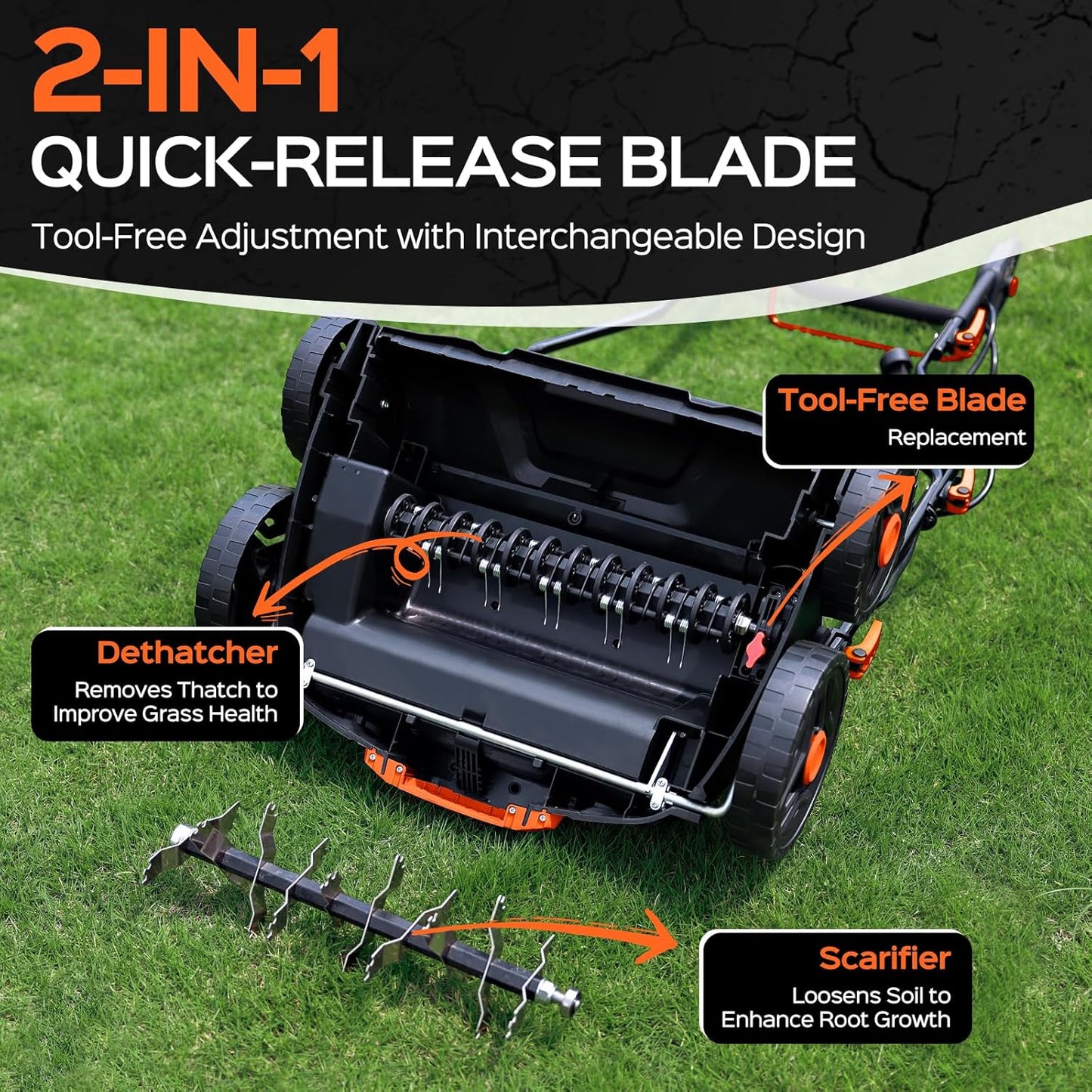 16-Inch 15.5 Amp 2-in-1 Electric Dethatcher and Scarifier with 14.5-Gallon Collection Bag, Lawn Dethatcher with 5-Position Depth Adjustment, Quick-Fold, Keeps Lawn Healthy - Blaze Orange