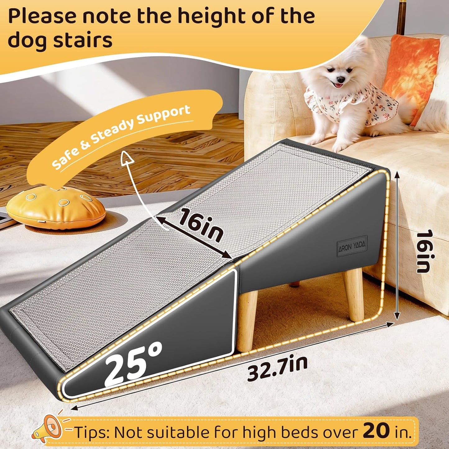 Dog Stairs for Small Dogs and Cats 16" H - with Encrypted Dot-Grip Non-Slip Surface, 2-in-1 Pet Ramp & Steps for Bed/Couch, Foldable Split Ottoman with Solid Wood Frame, Sturdy & Portable for Puppies