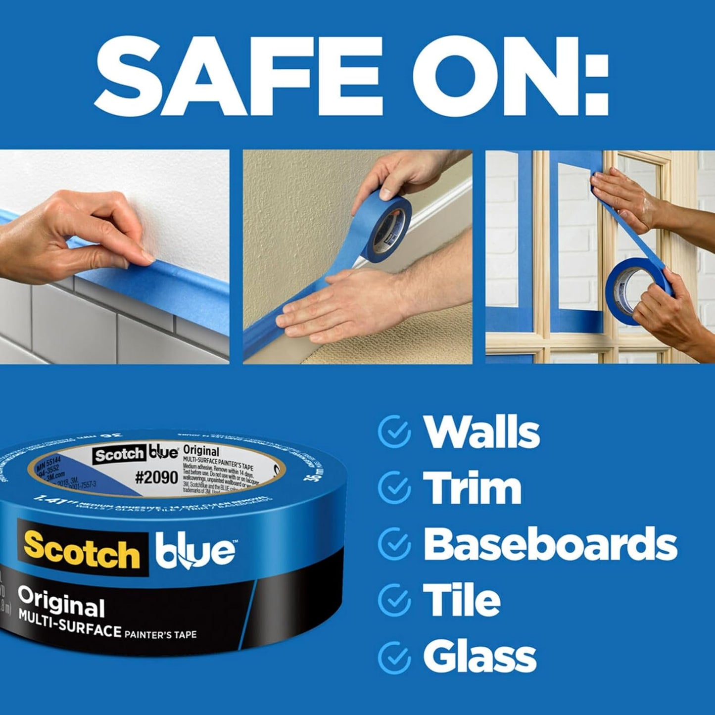 ScotchBlue Original Multi-Surface Painters Tape, 2 Inch Wide (1.88 In. x 60 Yds), 3 Rolls, Blue Paint Tape Protects Surfaces and Removes Easily, Masking Tapes for Indoor and Outdoor Use (2090-48EP3)