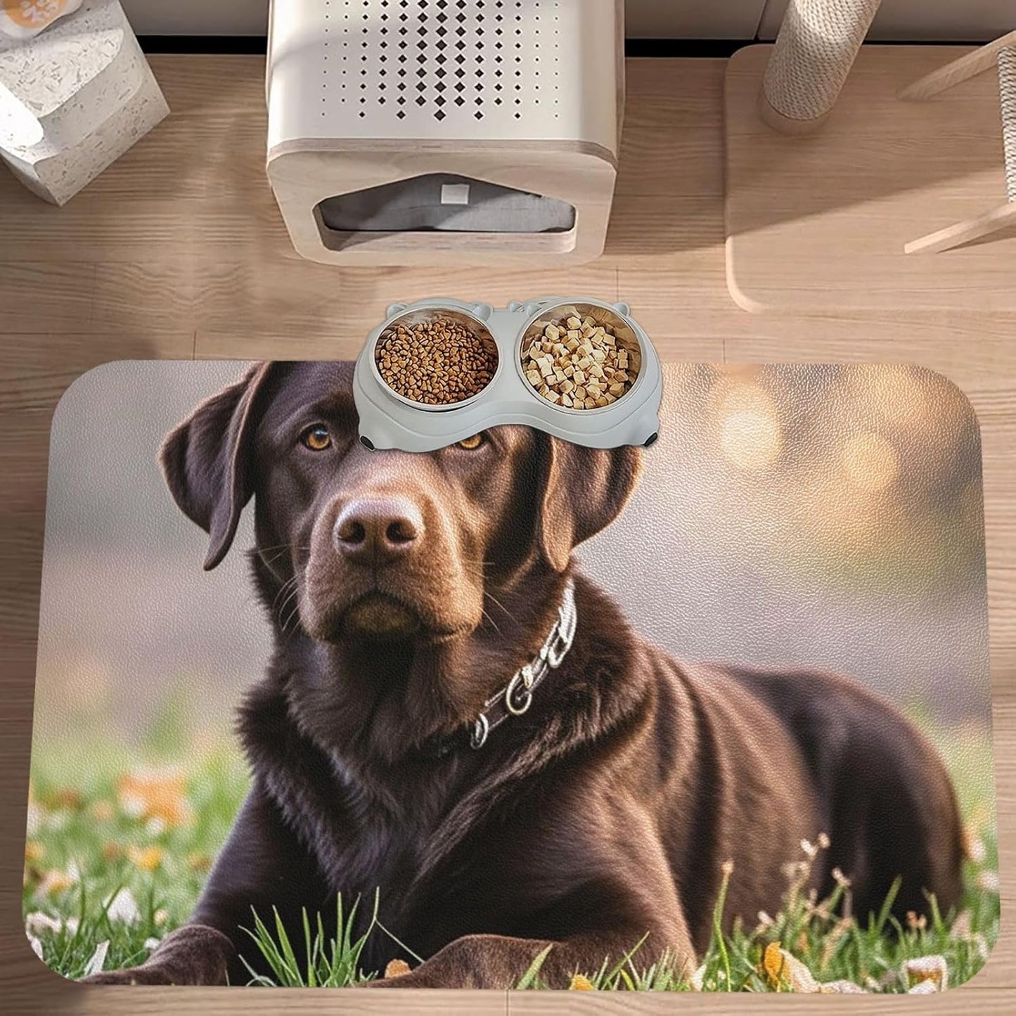 Pet Feeding Mat Leather Dog Food Mat Waterproof Pet Tablecloth Brown Labrador Retriever Pet Placemat for Dogs Absorbent Dog Bowl Mat Anti-Slip Dogs Mats for Food and Water