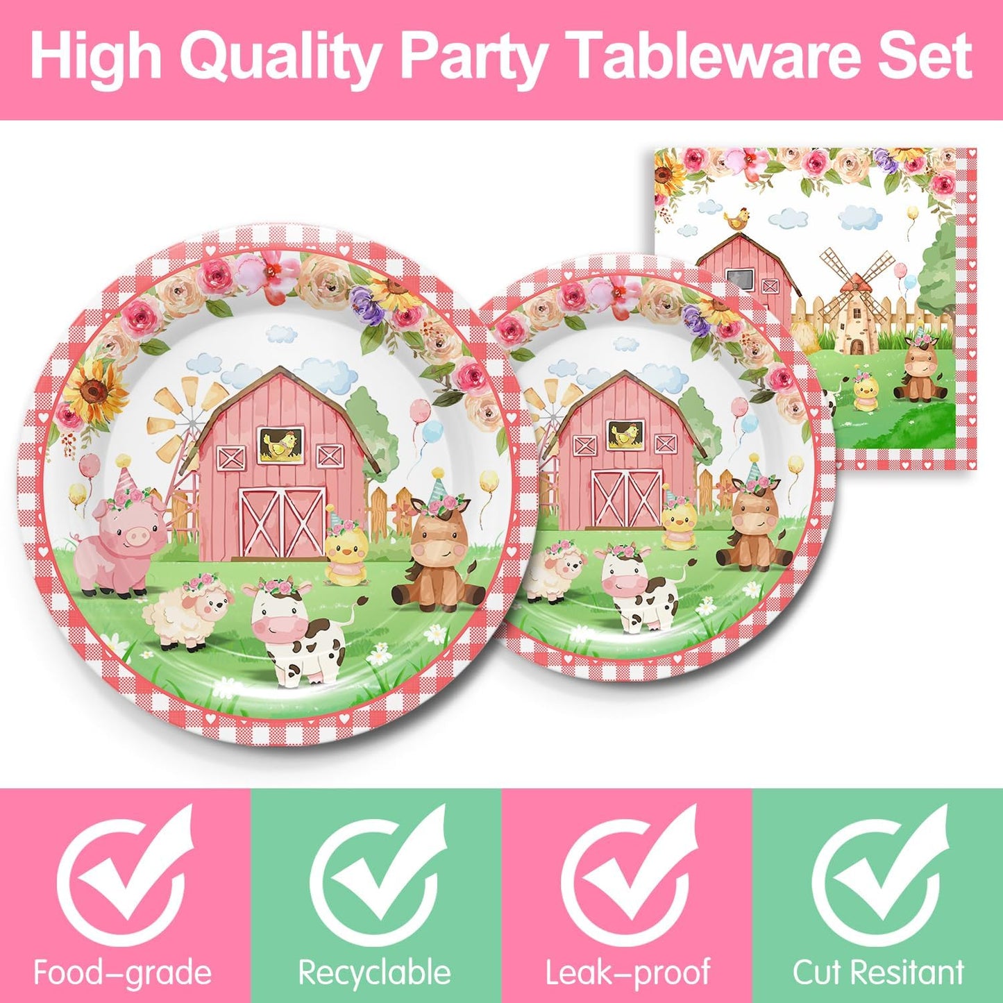 168pcs Pink Farm Animal Birthday Party Supplies for Girl - Baby Shower Decor Include Plates, Cups, Napkins | Serves 24 Barnyard Theme