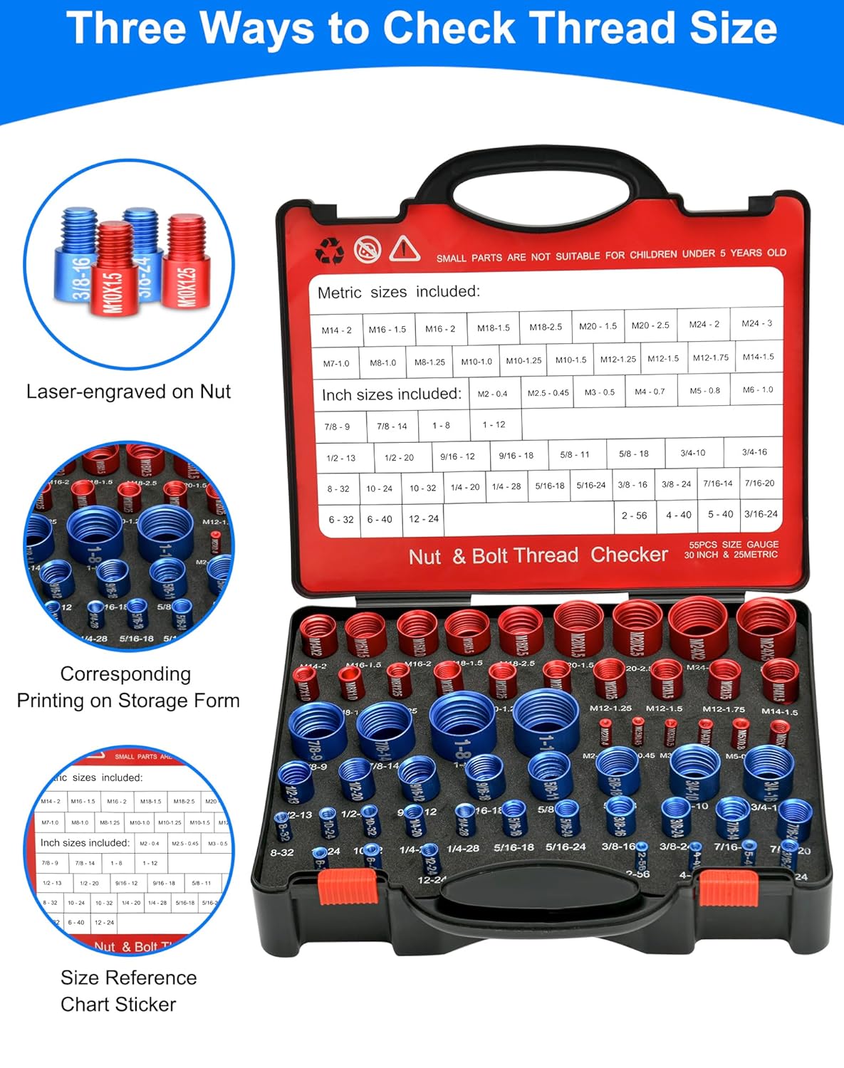 55Pcs Thread Checker, Nut and Bolt Measuring Tool(25 Metric & 30 Standard), Bolt Size and Thread Gauge Finder with Storage Box, Suitable for inspecting in Narrow and Tricky Areas