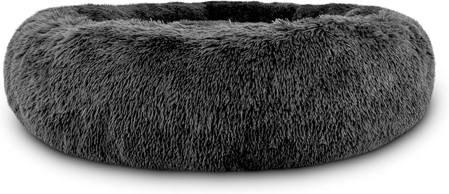 The Dog’s Bed Calming Donut Dog Bed, Plush Faux Fur Round Cuddler Nest, Removable Washable Zip Cover – XXL (54"), Grey