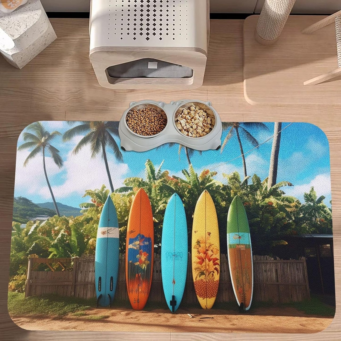 Pet Feeding Mat Leather Dog Food Mat Waterproof Pet Tablecloth Surf's up Surfboard Pet Placemat for Dogs Absorbent Dog Bowl Mat Anti-Slip Dogs Mats for Food and Water