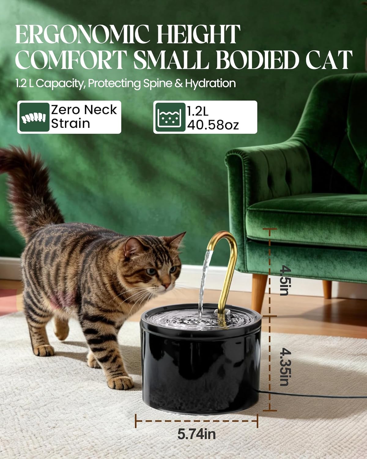 Tomxcute Ceramic Cat Water Fountain - 1.2L/40oz Ultra-Quiet Automatic Pet Drinking Fountain for Cats, All-Ceramic Body Water Dispenser with Copper Water Spout for Cats, Puppy and Small Pets