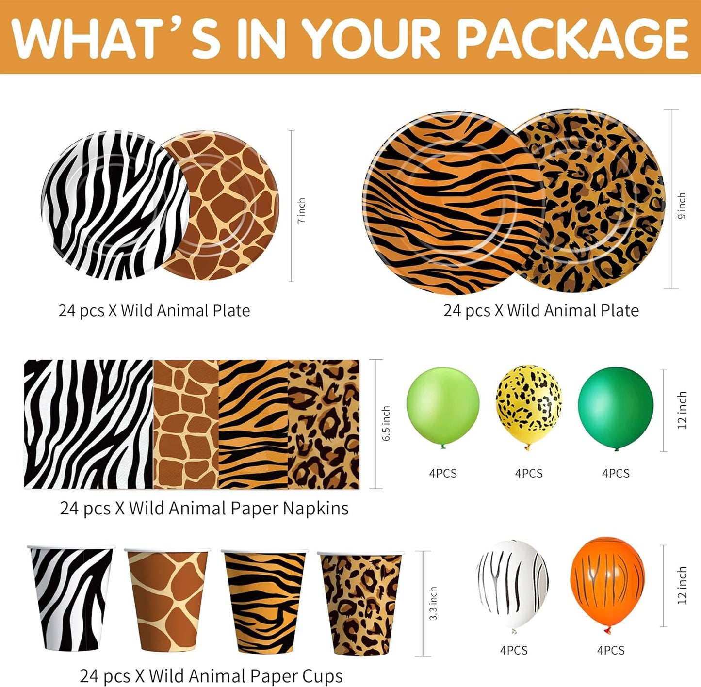 Jungle Safari Party Decorations, Jungle Birthday Party Supplies, Paper Plate, Napkin, Cup, Tablecloth, Banner, Wild Animal Print Balloon, Cutlery, Safari Birthday Decorations, Serves 24