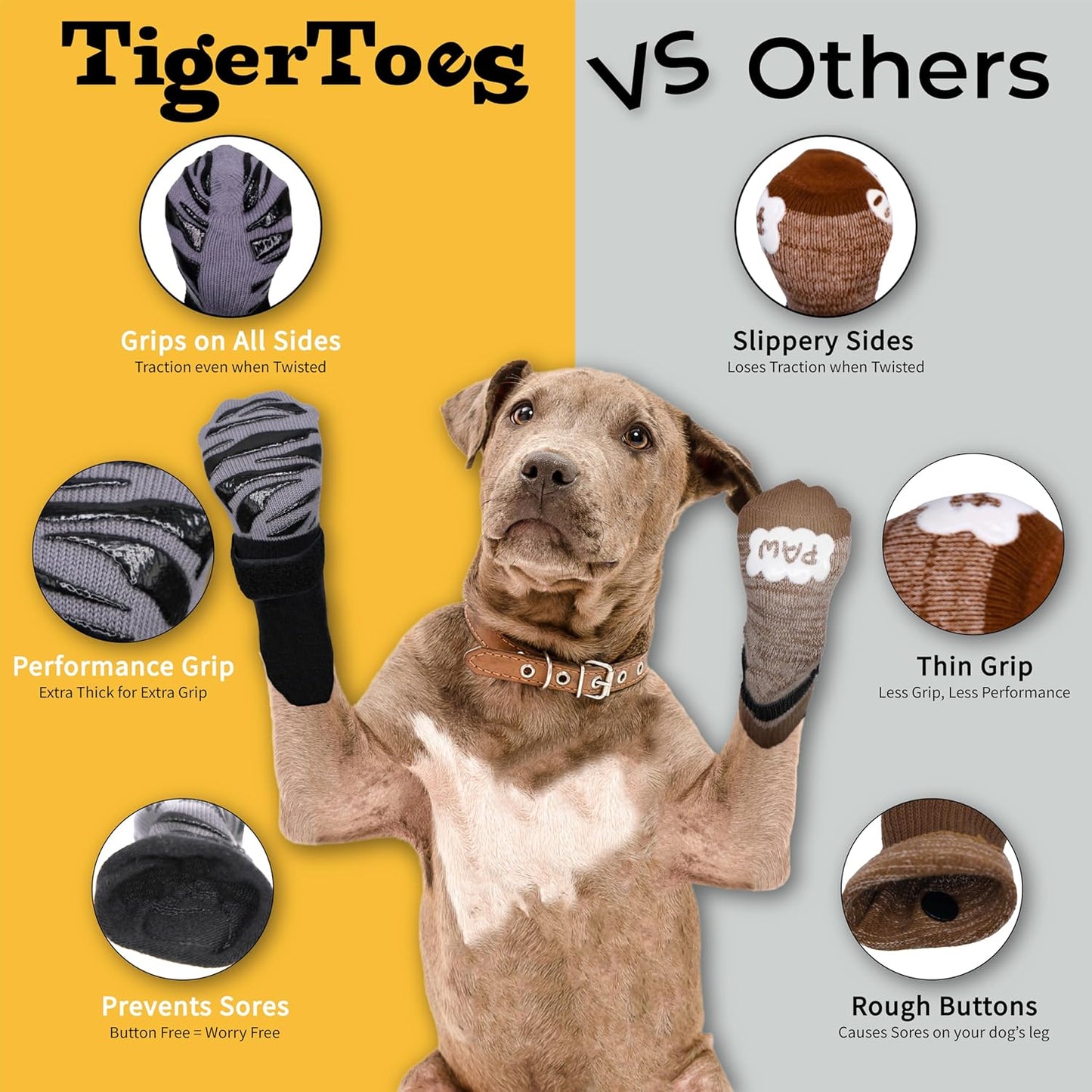 DOK TigerToes Premium Non-Slip Dog Socks for Hardwood Floors - Extra-Thick Grip that Works Even When Twisted - Prevents Licking, Slipping, and Great for Dog Paw Protection (X-Large)