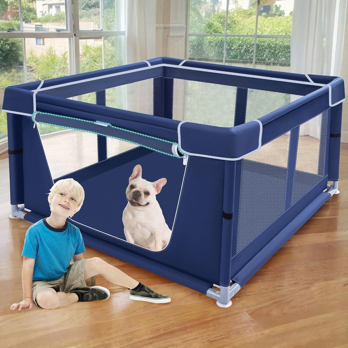 42x42 Inches Puppy Playpen with Gate, Dog Playpen for Puppies or Small Dogs, DogFence Pet Playpen for Indoor & Outdoor, Sturdy Safety DogPen with Thickened Fabric, High-Strength Nylon Wire Mesh
