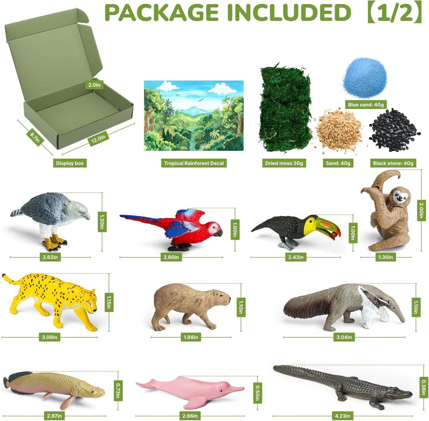 33PCS Rainforest Animals Figures Toys Set, Diorama Project Supplies Include Tropical Jungle Figurines Trees Moss Sand Stones Display Box for Kids Science School DIY