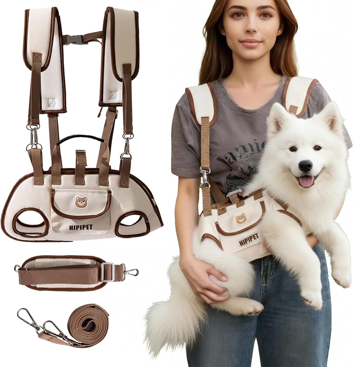 Dog Sling Backpack Carriers - Adjustable Pet Lift Harness Gear, Breathable Dogs Carrying Lifting with Traction Leash Shoulder Straps and Treat Bag for Walking Hiking Travel (XL, 18-23lbs)