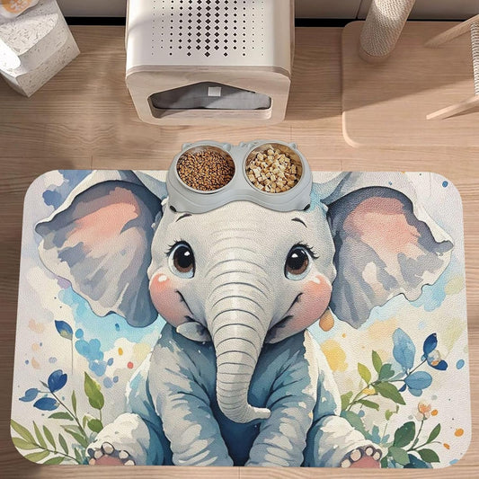 Pet Feeding Mat Leather Dog Food Mat Waterproof Pet Tablecloth Cute Elephant Watercolor Pet Placemat for Dogs Absorbent Dog Bowl Mat Anti-Slip Dogs Mats for Food and Water