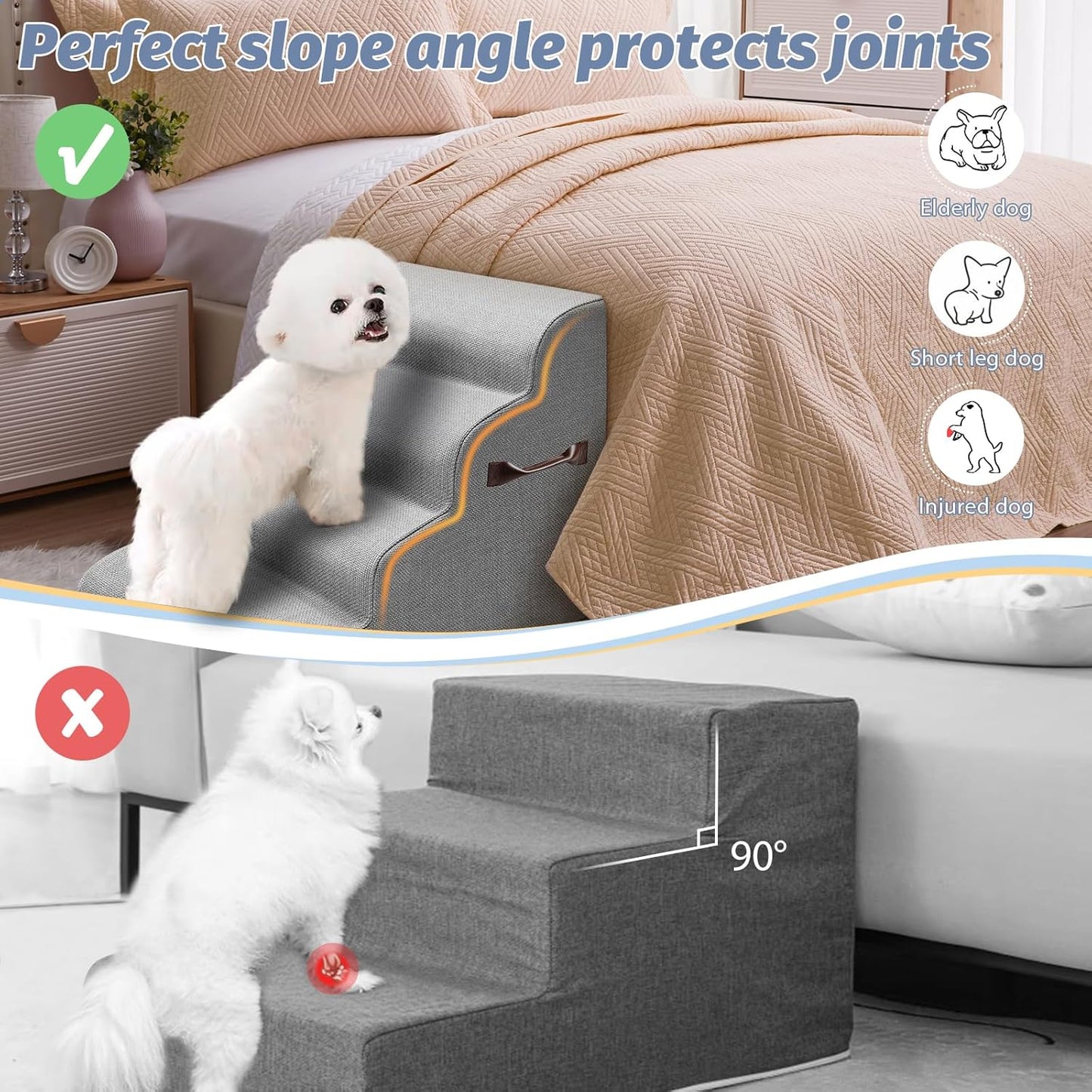 Gimars Extra Wide Sturdy 30D High Density Foam Dog Stairs for Sofa, Pet Stair for Small Medium Dog, Non-Slip, Easy Clean Removable Washable Cover