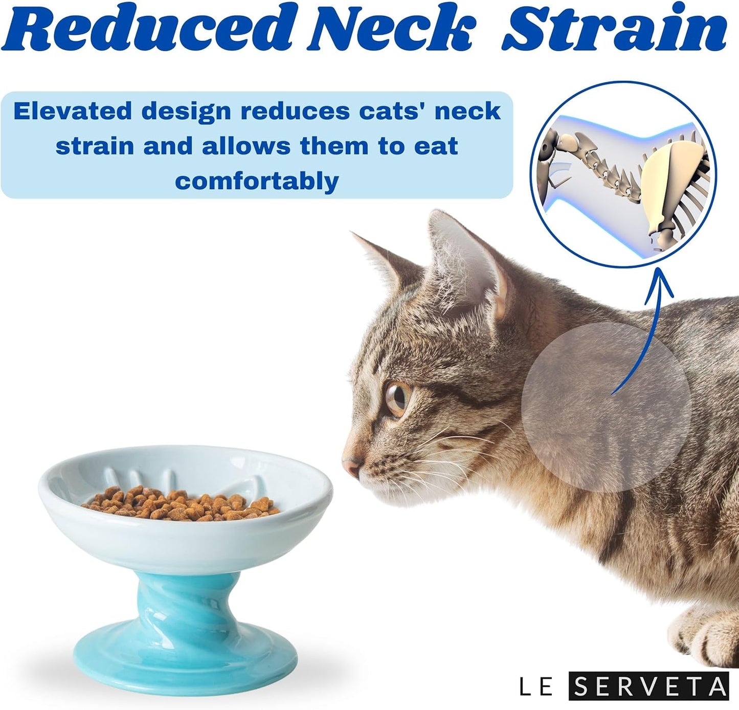 Elevated Twisting Design Cat Food Slow Feeder, Ceramic Raised Cat Dishes with Decorative Twisting Design Stand, Macaron Colors, Slow Feed Design (Blue)