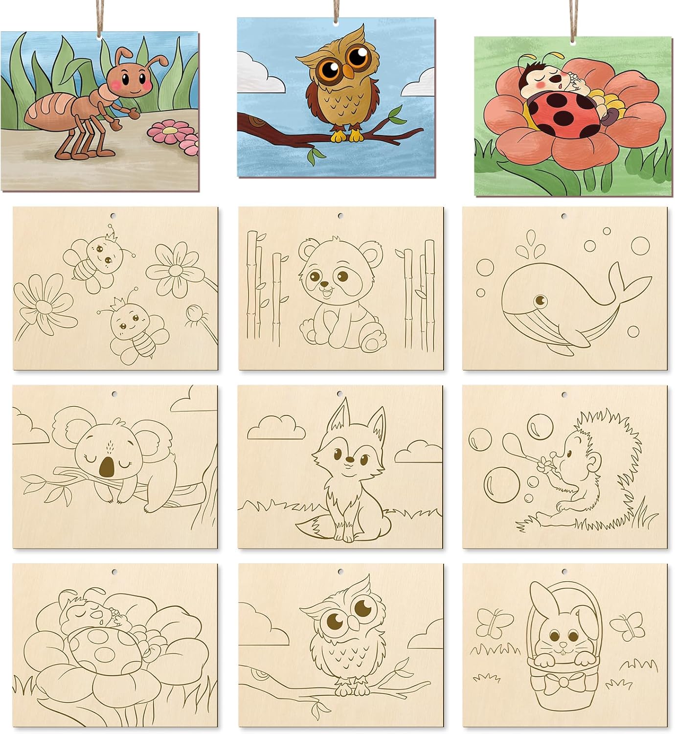 COCHIE 10 Pieces Large Cute Animals Unfinished Wood Crafts to Paint for Adults, Bulk Predrilled Wooden Ornaments for Painting, Animal Paintable Wood Slices Craft Supplies with Ropes