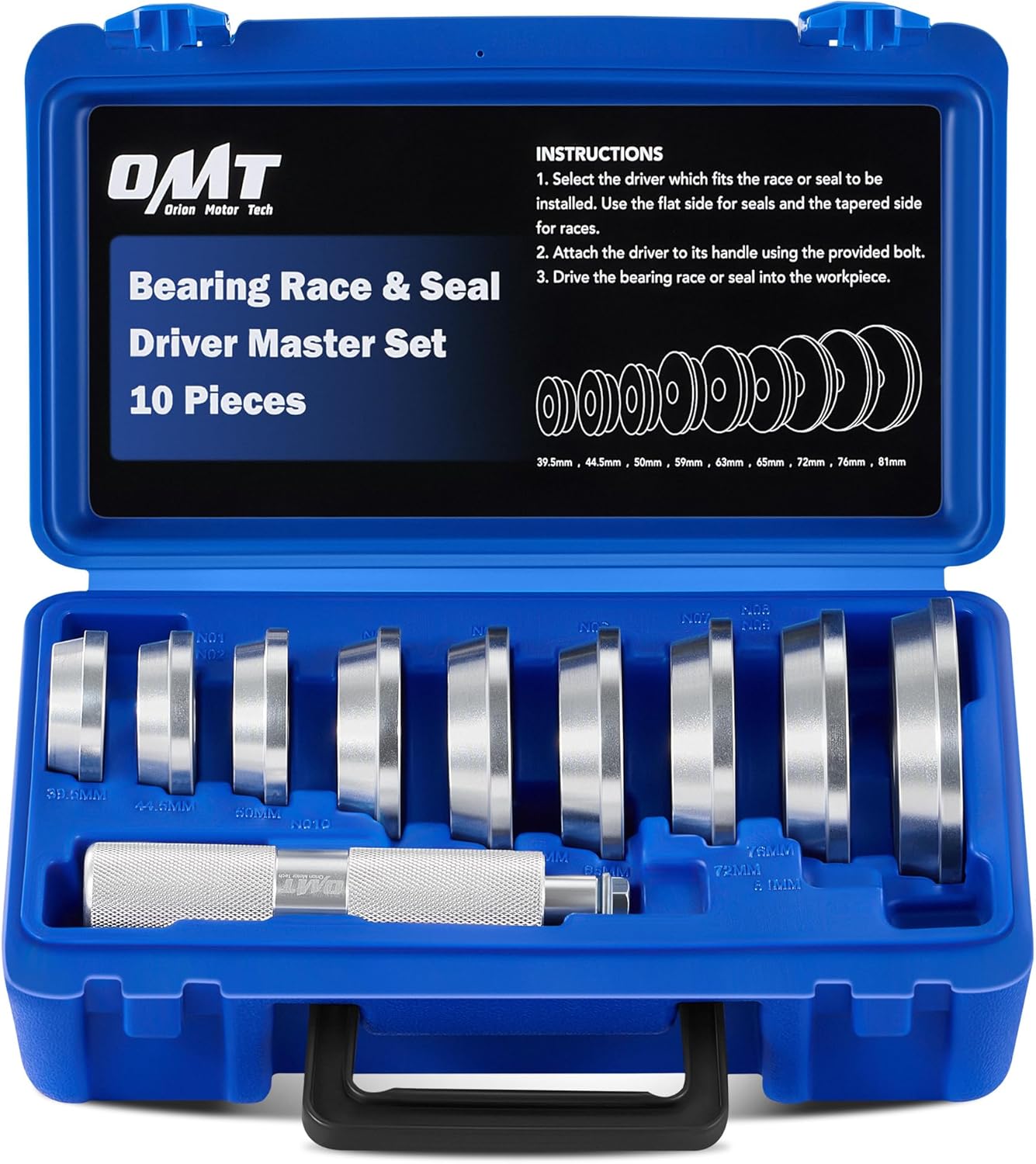 Orion Motor Tech Bearing Press Kit, 10pc Bearing Race and Seal Driver Set with Seal Driver and 9 Bearing Adapters, Seal Installer Bearing Driver Kit for Bearing Installation