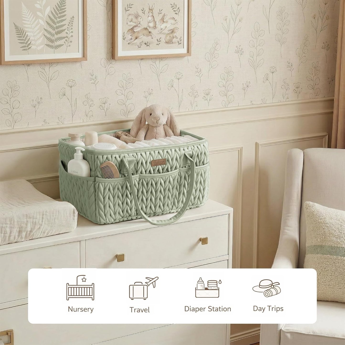 Konssy Braided Quilted Diaper Caddy Organizer, Boho Nursery Storage Basket with PU Leather Handles, Water-Repellent Portable Diaper Basket for Changing Table, Newborn Essentials (Fog Green)