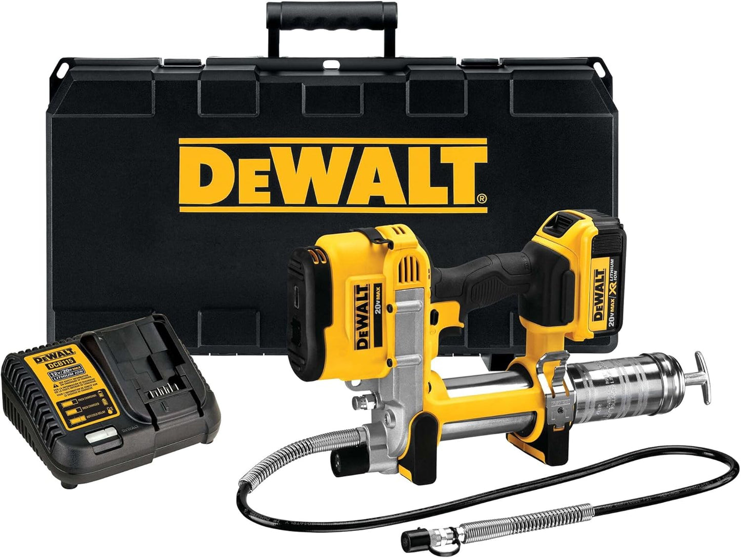 DEWALT Grease Gun Kit 20V MAX with 4.0Ah Battery and Charger, Cordless Grease Gun, LED Light, 42” Hose, 10,000 PSI, Variable Speed Triggers (DCGG571M1)