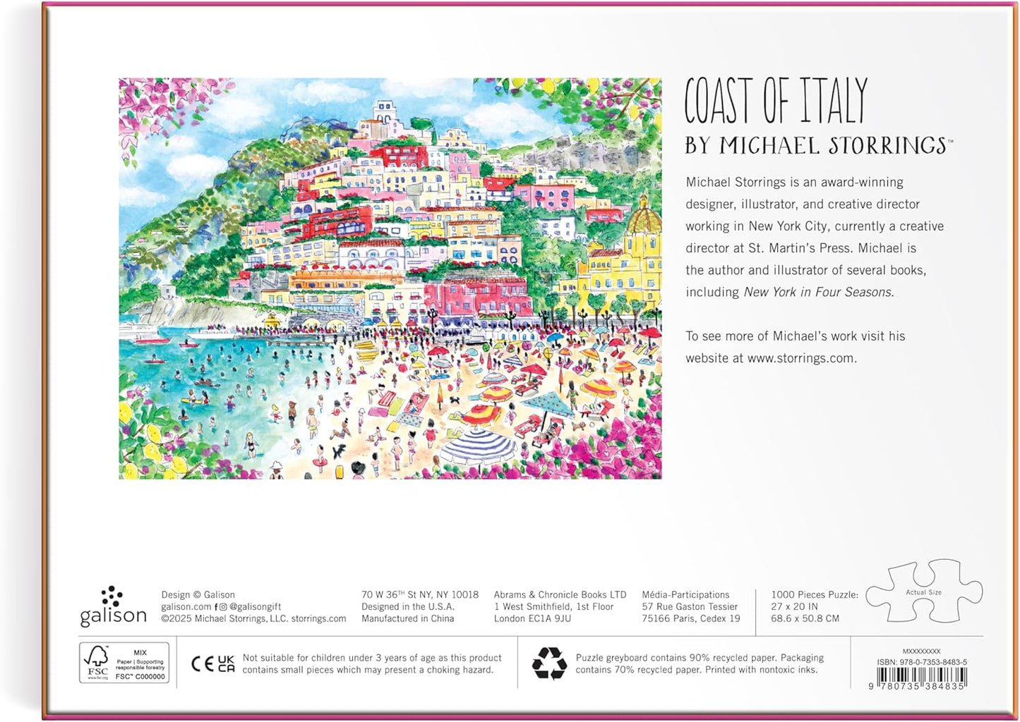 Galison Coast of Italy – 1000 Piece Michael Storrings Jigsaw Puzzle Featuring Beautiful Artwork of Positano Italy Summer Beach