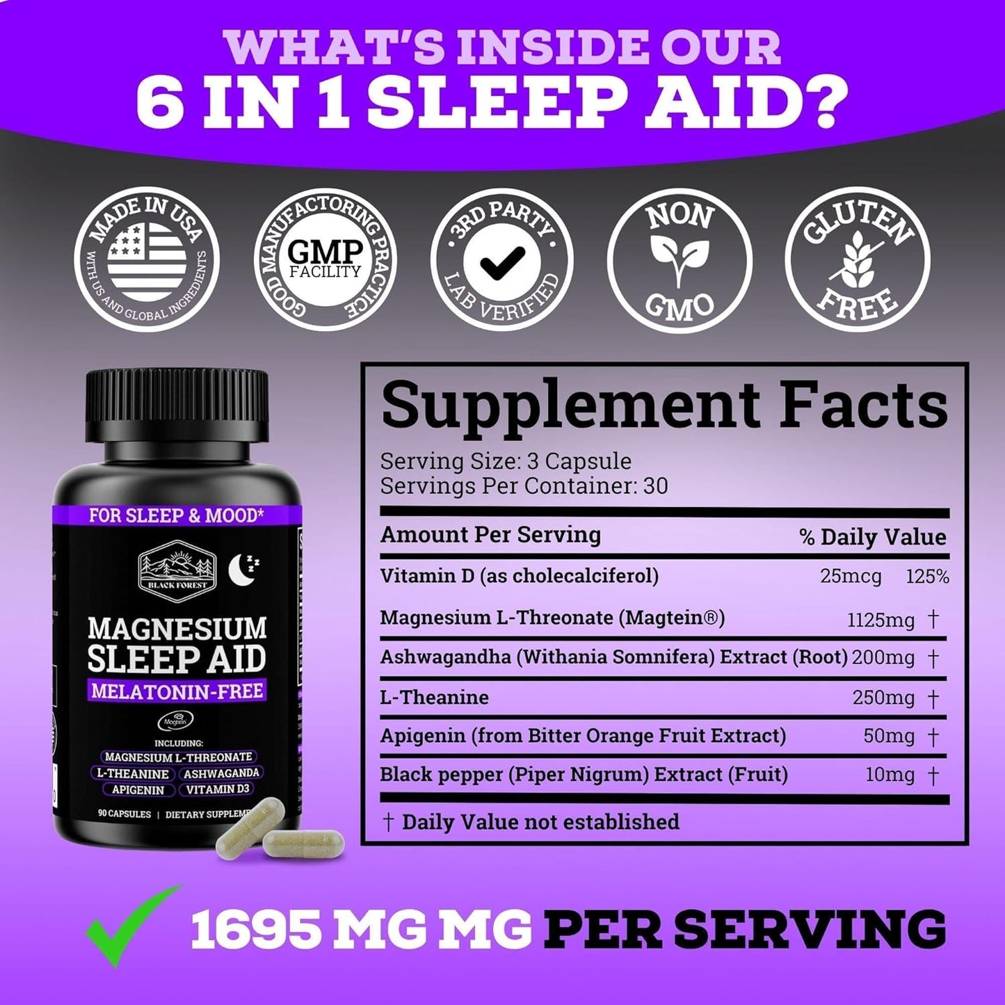 Black Forest Ashwagandha Magnesium Sleep Aid (6-in-1) - Magtein Magnesium L-Threonate, L-Theanine, Apigenin Supplement for Sleep 3 Enhanced with (Ashwagandha L theanine & Vitamin D)