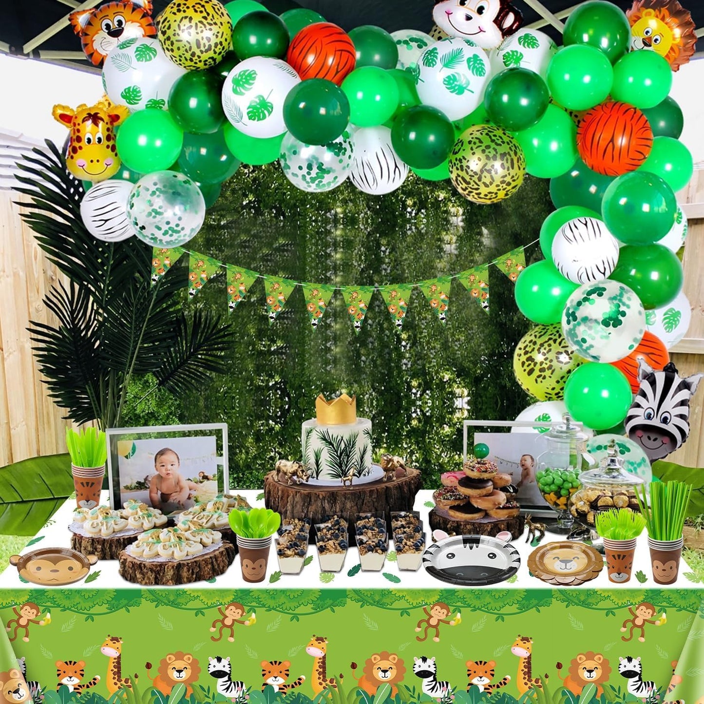 162Pcs Jungle Party Supplies- Include Animal Shape Plates, Jungle Tablecloth, Safari Flag, Napkins, Cups, Cutlery, Safari Theme Party Supplies for Kids Birthday Baby Shower Wild One, Serves 20 Guests