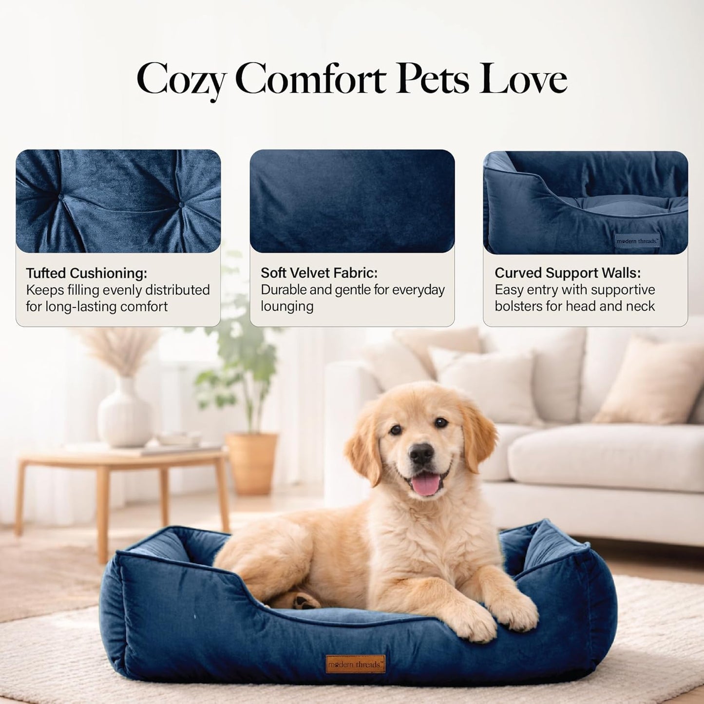 Modern Threads Luxury Dog Bed - Comfortable Tufted Velvet Cushion for Small to Large Dogs - Machine Washable - Durable & Cute Sleep Space for Pets - Pamper Your Pet with Cozy Beds - Denim