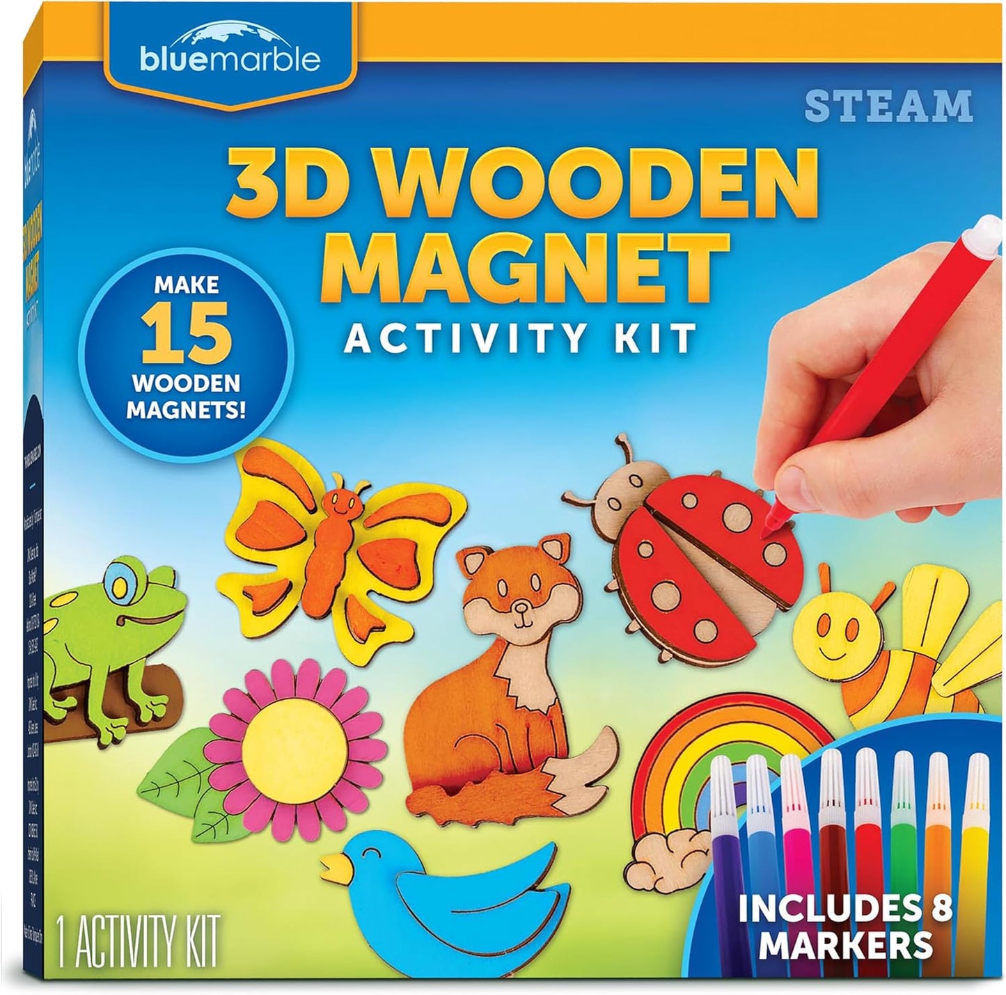 Blue Marble Wooden Magnet Craft Kit - Create & Paint 15 Nature-Themed Designs with 8 Watercolor Pens, Art Kit, DIY Magnets Project for Kids, Painting Activity, Easter Basket Stuffers