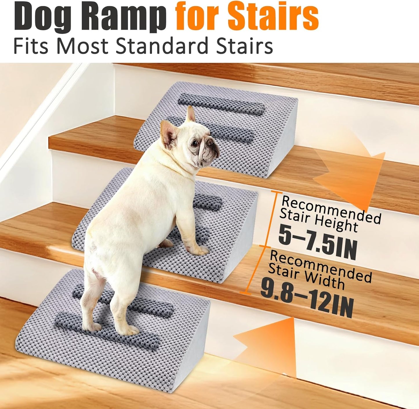 Dog Ramp for Stairs with Anti-Slip Bump for Small & Senior Dogs and Cats – Stair Wedges for Dogs with Gentle Slope, Pet Ramp with Washable Cover & Self-Sticky Pads for Safe Climbing (Gray, 6 Pack)