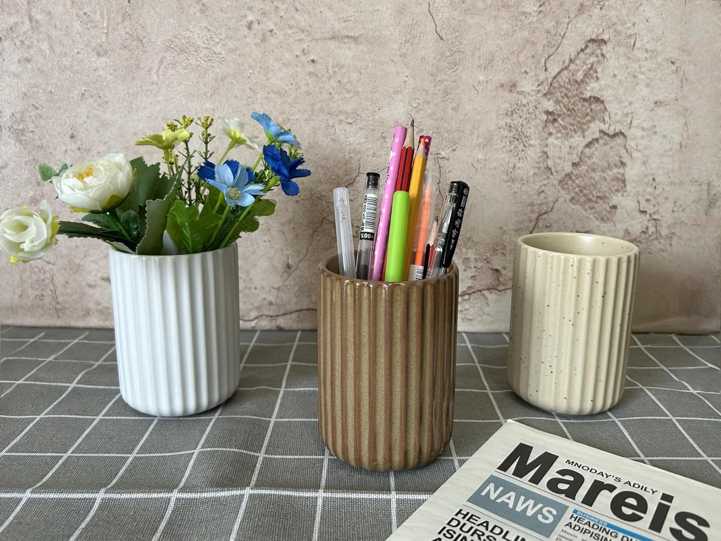 Stoneware Coffee Bar Utensil Holder Tea & Coffee Spoon & Stirrer Holder for Stir Stick Straw Teaspoon Holder Spoon Cup Small Utensil Jar Fluted Vertical Stripe (Rustic Brown)