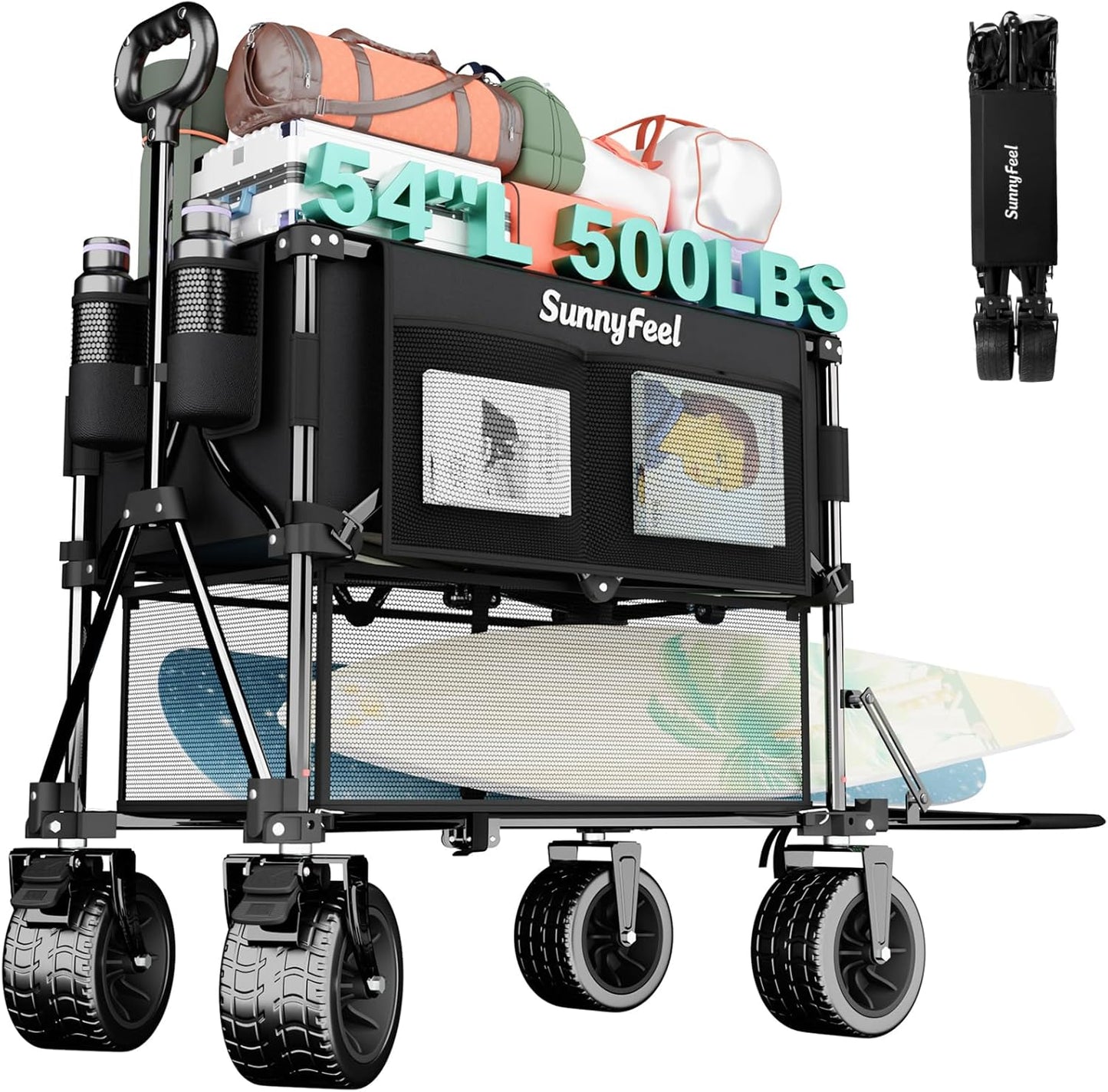 SUNNYFEEL Double Decker Folding Wagon Cart - 500lbs Heavy Duty Collapsible Utility Wagon with All Terrain Big Wheels & Drop Down Tailgate,400L Large Capacity Wagon for Camping,Garden,Sports