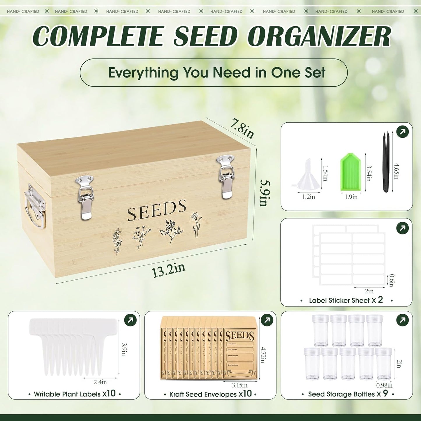 Bamboo Seed Storage Organizer, Large Garden Seed Organizer with Lid & Safety Lock & Handles, Seed Box Storage Organizer Includes Seed Envelopes and Labels etc, Great Gifts Gardening Kit (Wood)