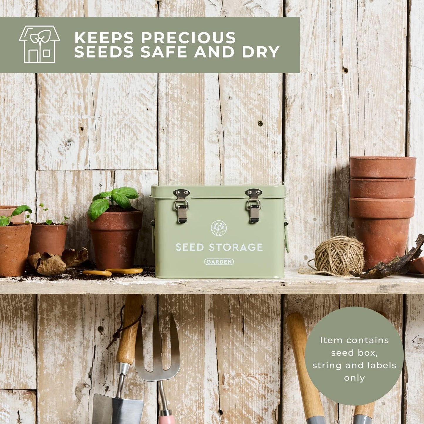 Seed Storage Box – Metal Seed Packet Organizer with Garden String and Bamboo Plant Labels. Seed Container Storage delivering complete Seed Saving Organization for every Garden Lover.