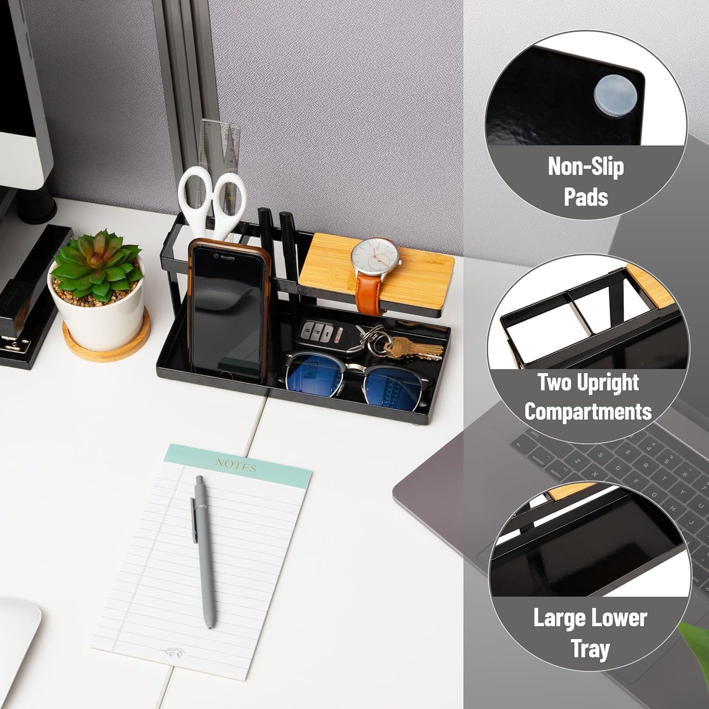 Mind Reader Desktop Organizer, Steel and Wood Desktop Dock, Catchall Tray for Phone, Wallet, Watch, Keys, Black