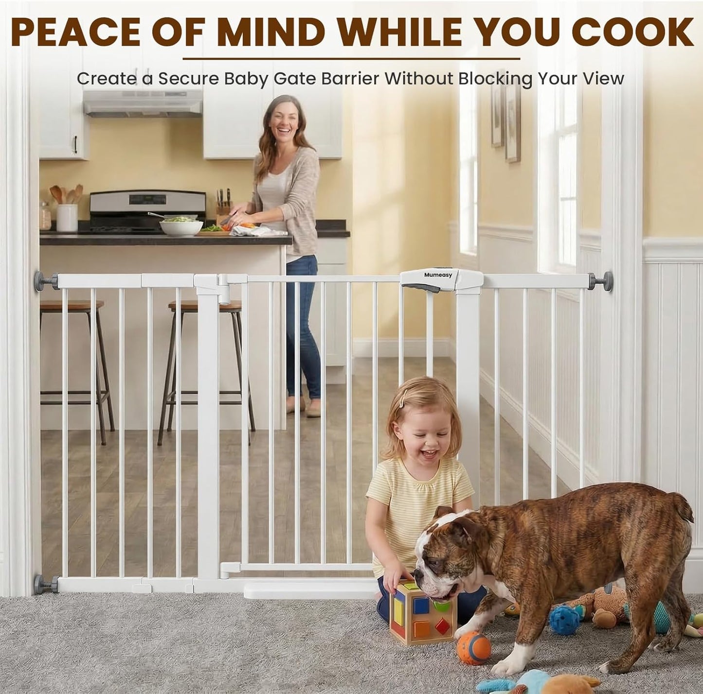 Mumeasy 29.7-57" Extra Wide Baby Gate for Doorways, Auto Close Dog Gate Indoor for Stairs, No-Drill Pressure Mounted Pet Gate with Door, Easy Walk Thru Long&Large Safety Gate for House, Outdoor, White