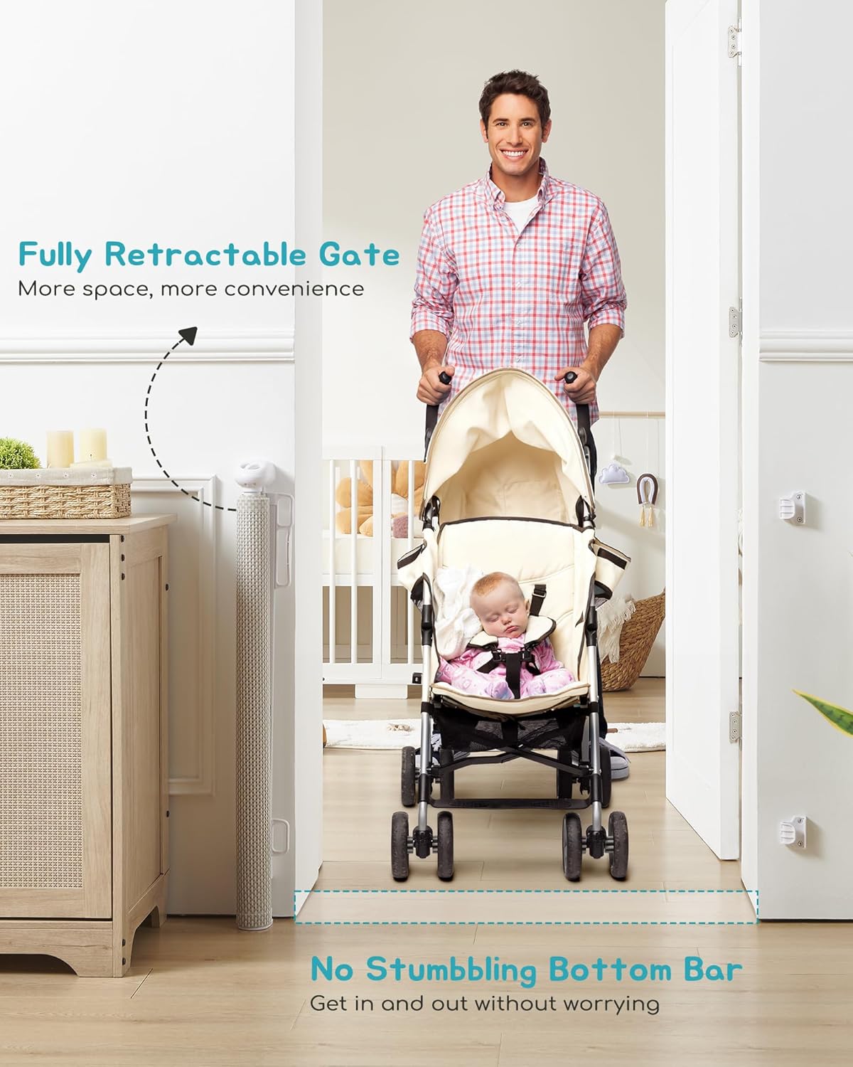 Retractable Baby Gate, Exquisite Rattan Mesh, 33" Tall, Expands to 55" Wide, Dog Gate for Stairs, Doorway, Hallway, Indoor/Outdoor Pet Fence, Walk-Through Design with No Bottom Bar, Beige