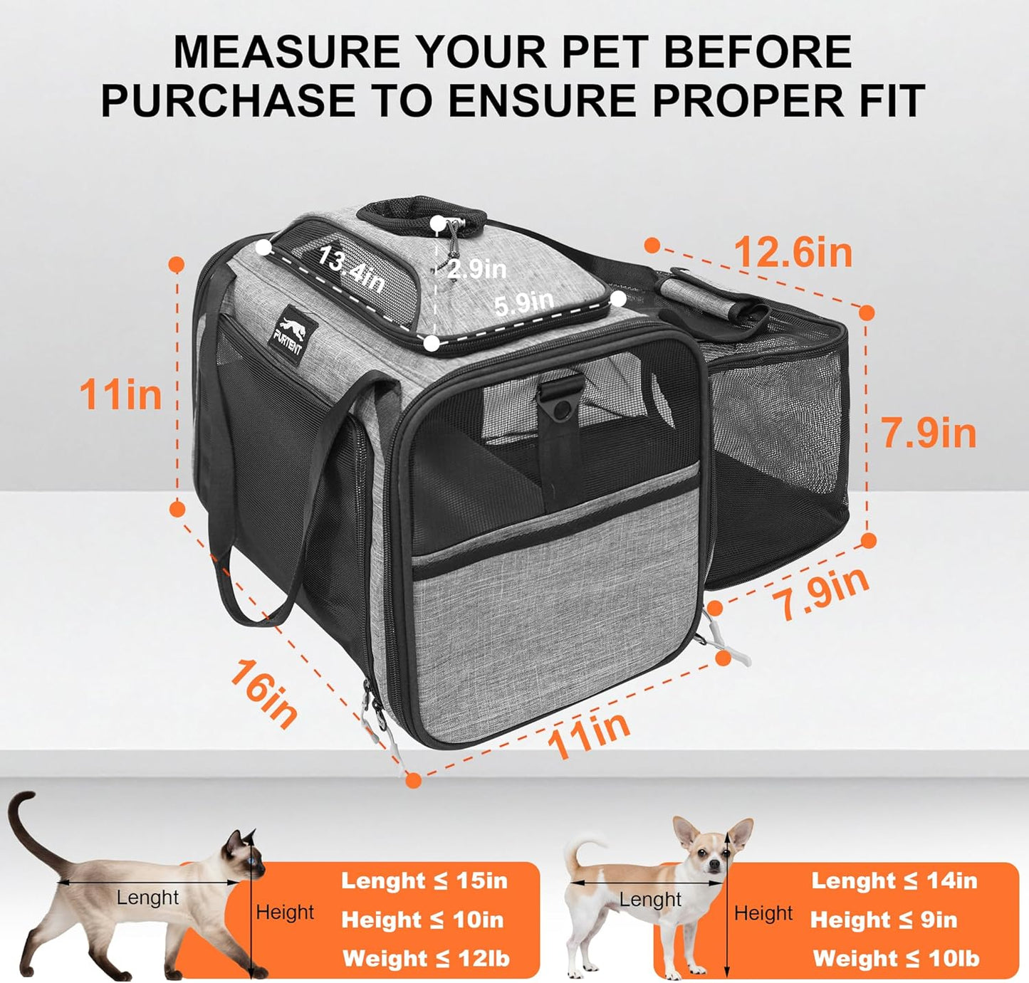 Cat Carrier, Airline Approved Dog Carrier with Top and Side Expansion, 360° Ventilation Soft-Sided Cat Carrier with Safety Leash, Foldable Travel Carrier for Small Cats and Dogs,Grey