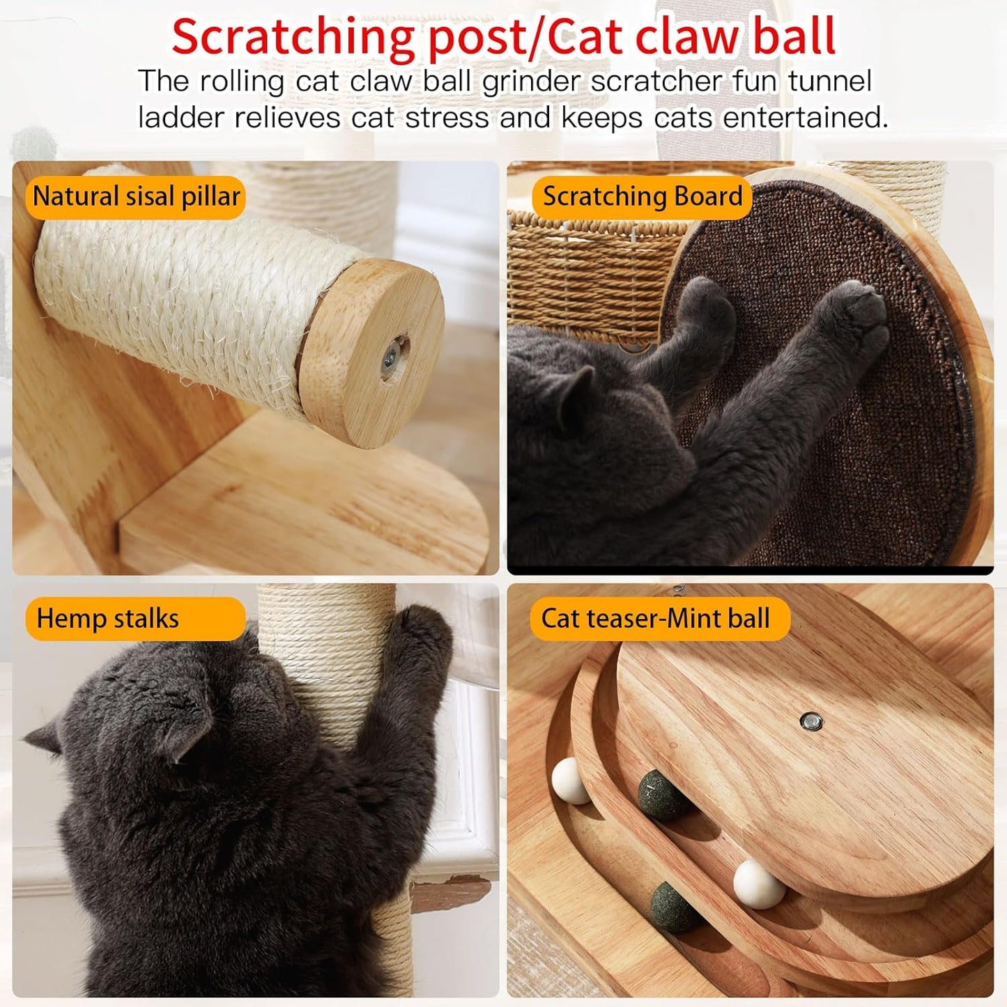 Modern Cat Tree, Cat TreeTower with Space Capsule, Hand-Woven Basket Nest, Sisal Posts & Scratching Board, 50 Inch Heavy-Duty Multi-Level Indoor Wood Tower
