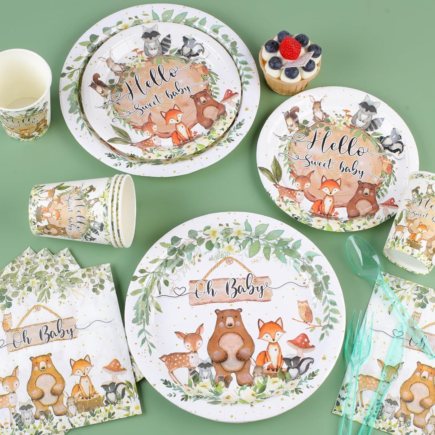 142PCS-Woodland-Baby-Shower-Party-Decorations for Boys Girls,Safari Jungle Wild Animal Tableware Set Serve 20,Party Supplies With Disposable Plates Napkin Cups Forks Knives Spoon Banner Tablecloth