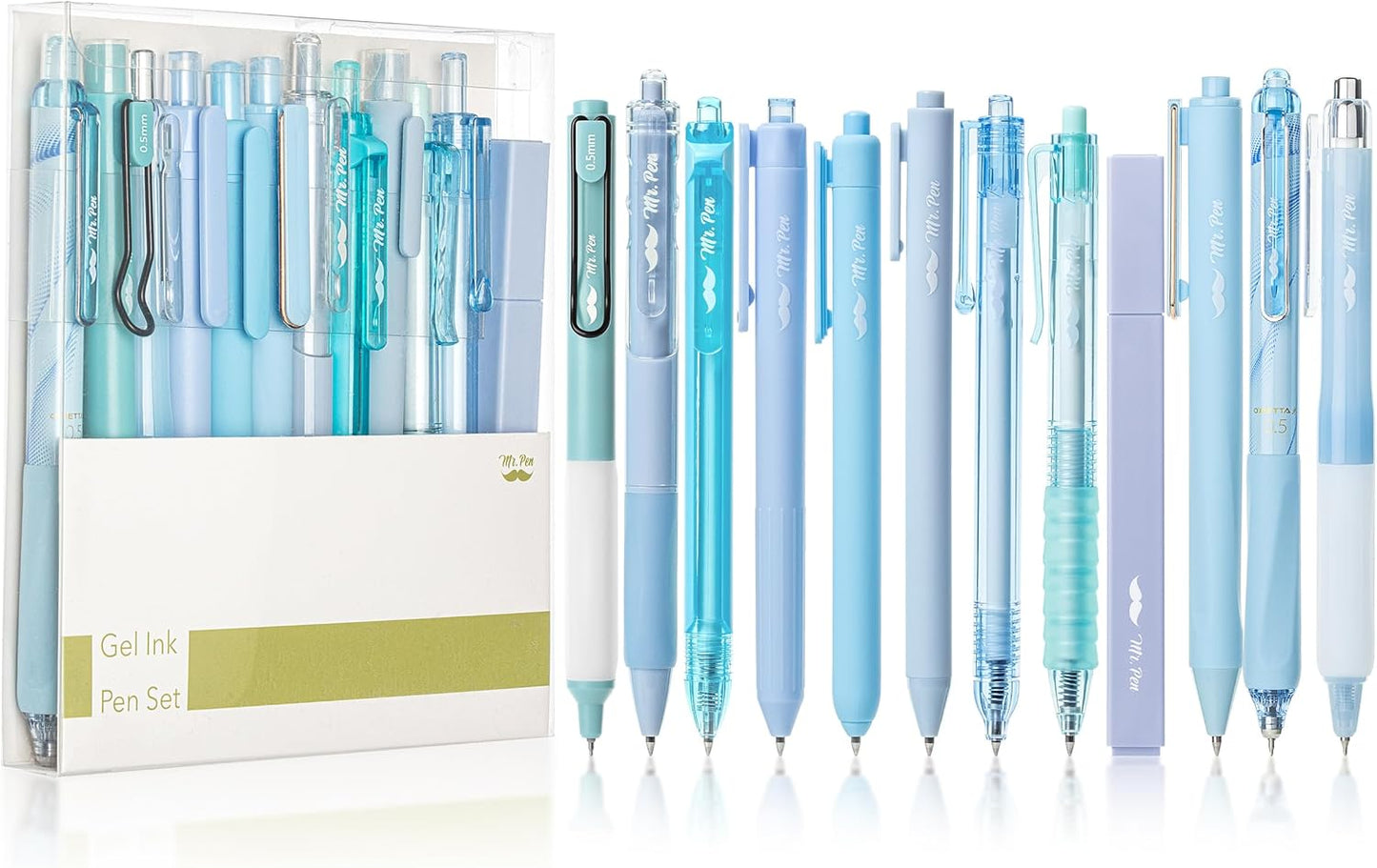 Mr. Pen- Gel Pen Set, 12 Pack, Pastel Blue Barrels, 1 x Aesthetic Highlighter, 0.5mm Black Ink Gel Pens for Journaling