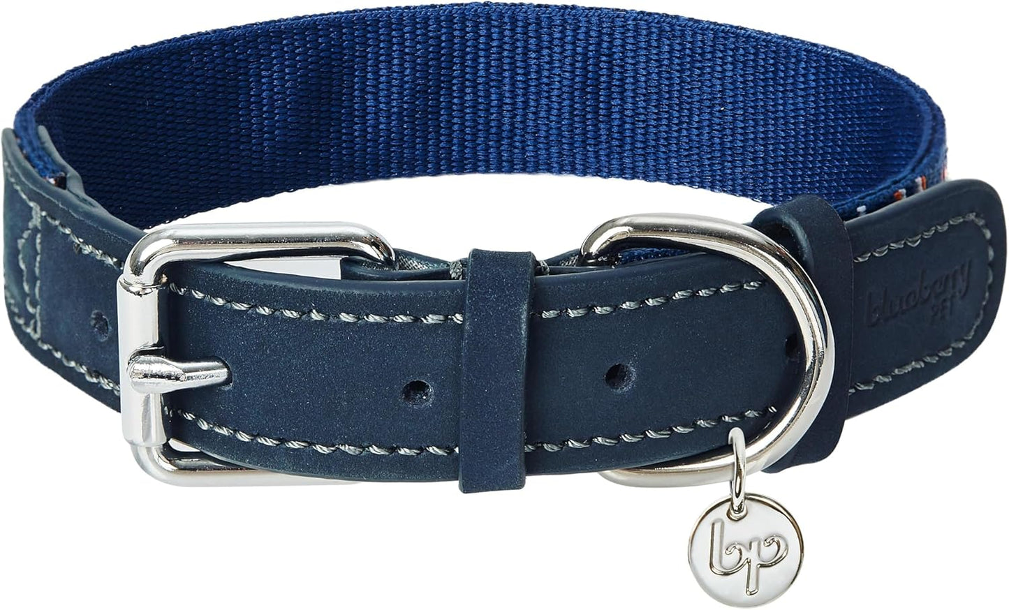 Blueberry Pet 3 Patterns Southwestern Modern Tribal Print Genuine Leather & Polyester Fabric Combo Dog Collar with Metal Buckle - Navy Braided, Small, Neck 12"-15"