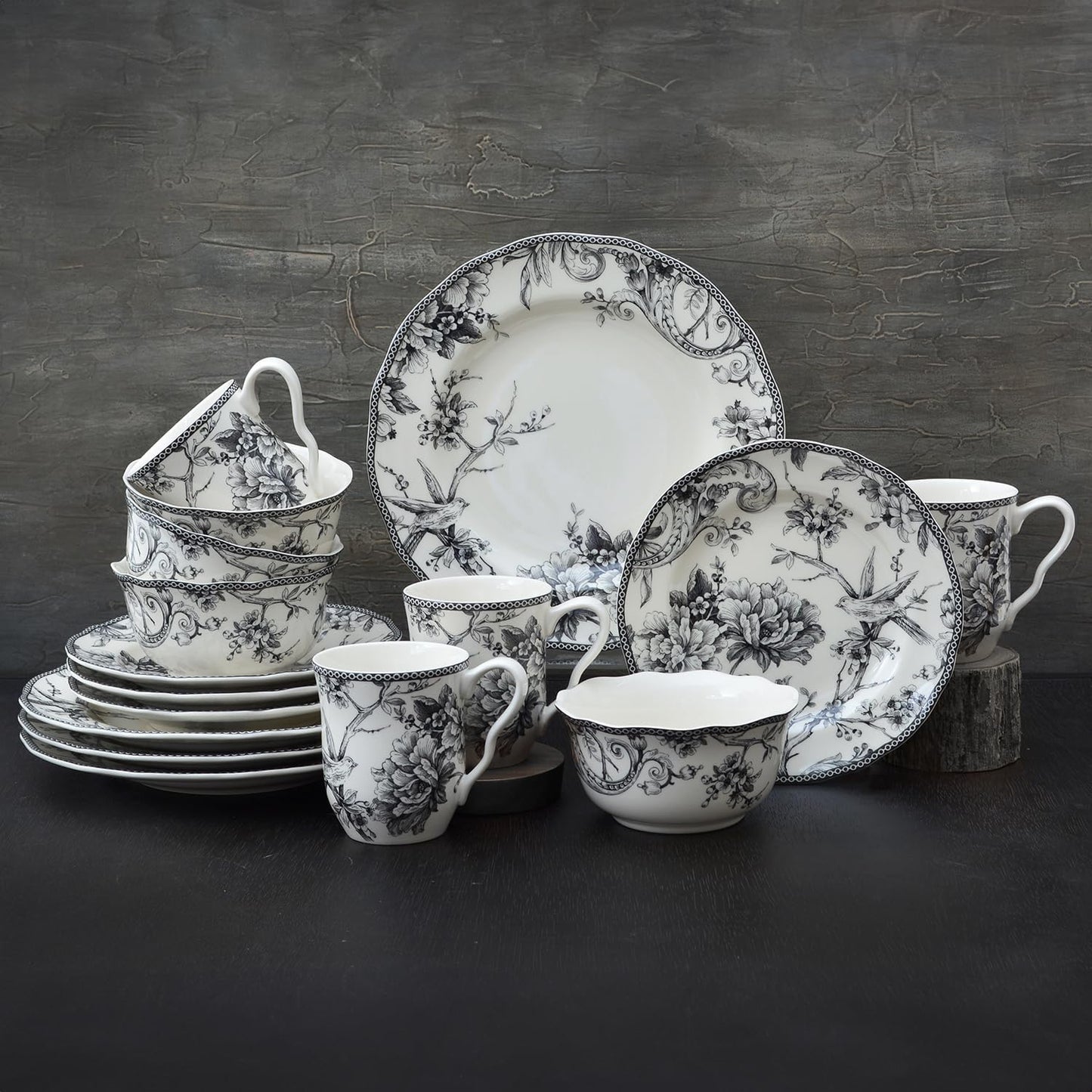 222 Fifth Adelaide 16-Piece Black Porcelain Dinnerware Set – Service for 4, Featuring Hand-Applied Romantic Woodland Bird Design, Everyday Big Dinner Plates and Bowls Sets, Microwave & Dishwasher Safe